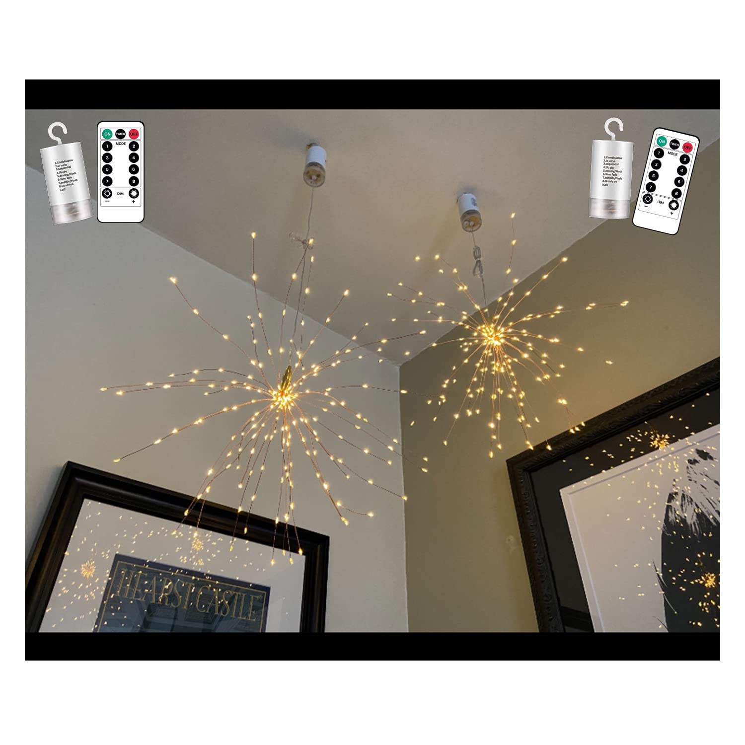 MUSUNIA 200 LED Copper Wire Starburst Fairy Lights - 2 Pack Waterproof Hanging Firework Lights with 8 Modes & Dimmable Remote Control, Battery Operated for Christmas Decorations, Party Lighting, Wedding, Garden and Outdoor Decor