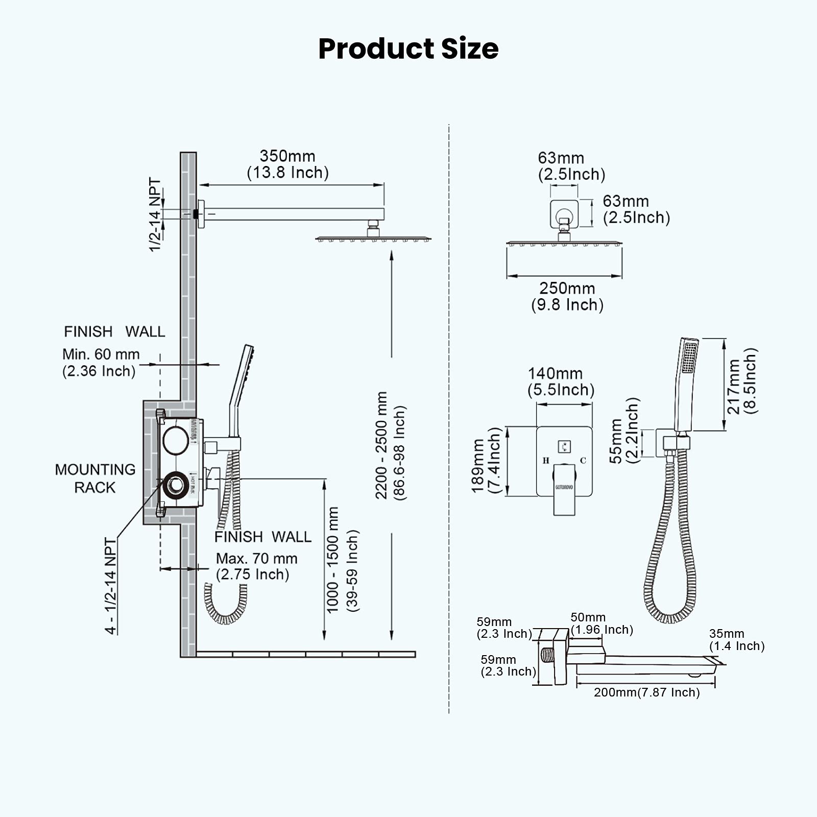 Gotonovo Luxury 3-Function Wall Mount Rainfall Shower System - 10 Inch High Pressure Shower Head with Tub Spout, Polished Chrome Finish, Rough-in Valve & Trim Included - Perfect for Modern Bathroom & Spa Experience