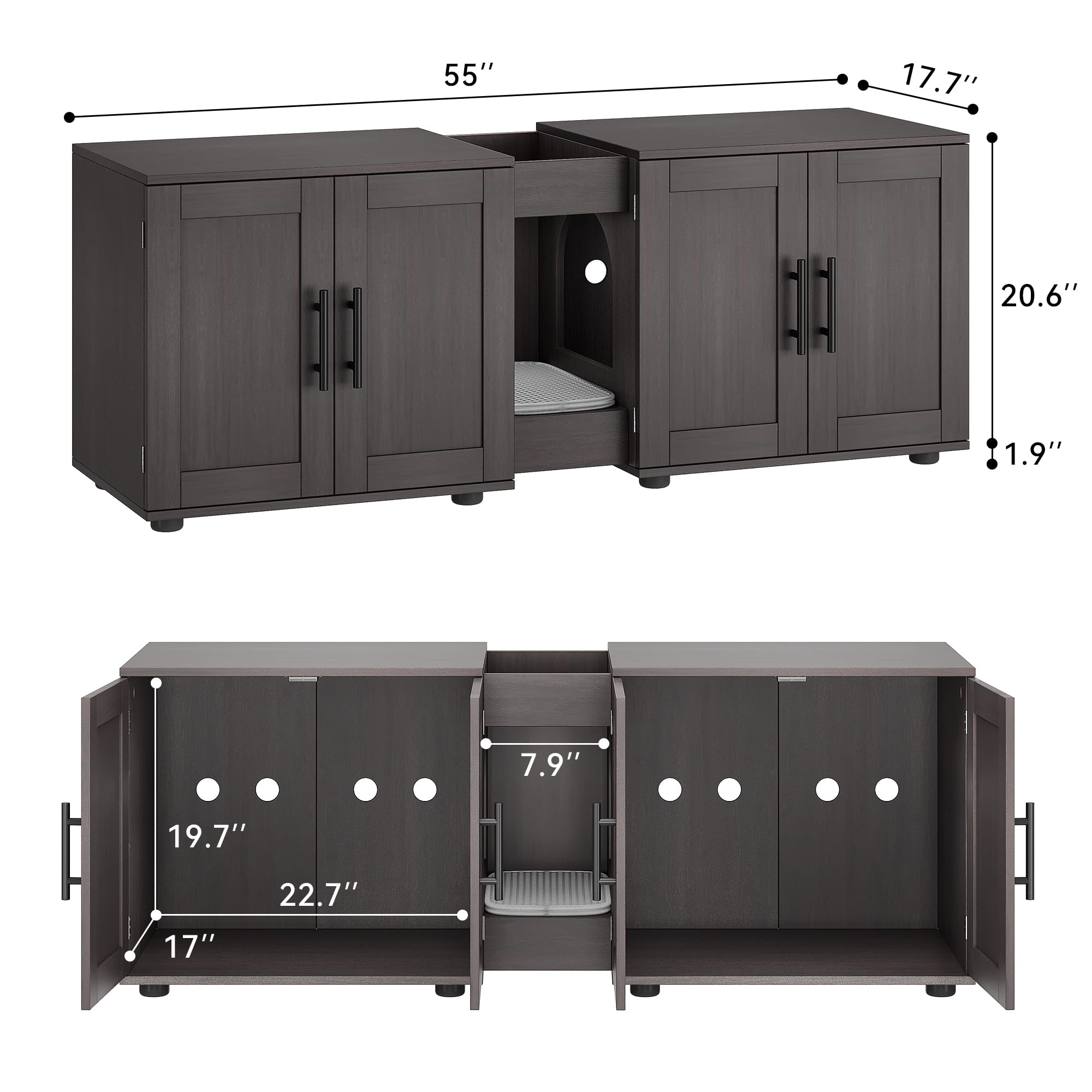 Gaomon Double Room Cat Litter Box Enclosure - 55”L x 17.7”W x 22.5”H Wooden Hidden Litter Box Furniture for 2 Cats - Walnut Finish - Perfect for Living Rooms, Bedrooms & Small Spaces