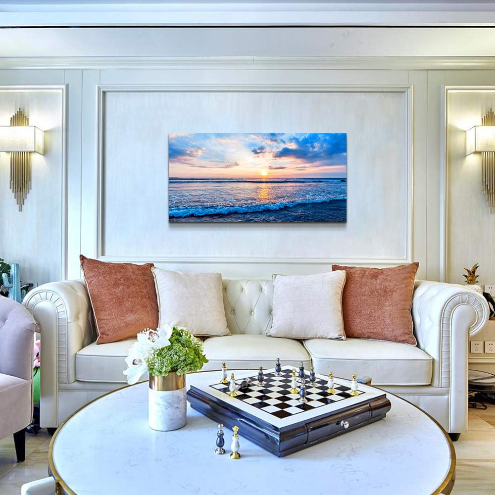 Blue Beach Ocean Waves Canvas Wall Art - Ready to Hang Landscape Painting for Living Room, Bedroom, Kitchen & Bathroom Decor - Inspirational Sea Wall Mural & Home Decorations (Perfect for Coastal, Nautical or Beach House Themes)