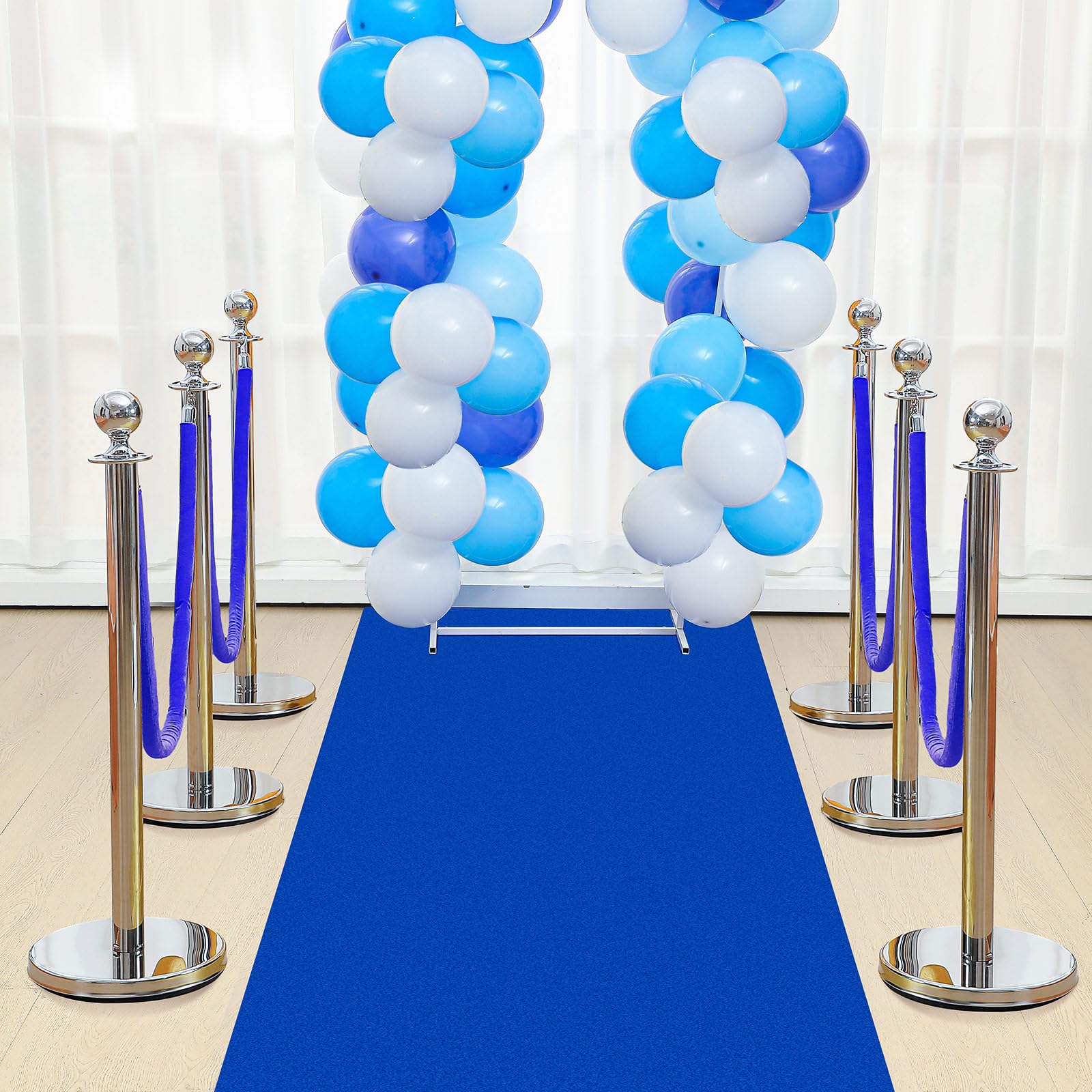 76 Pcs Blue Carpet Runner Party Set with Floor Runner, Double-Sided Tape, Stanchion Posts, Velvet Ropes & Balloons - Wedding, Red Carpet Event, Birthday Party Decorations