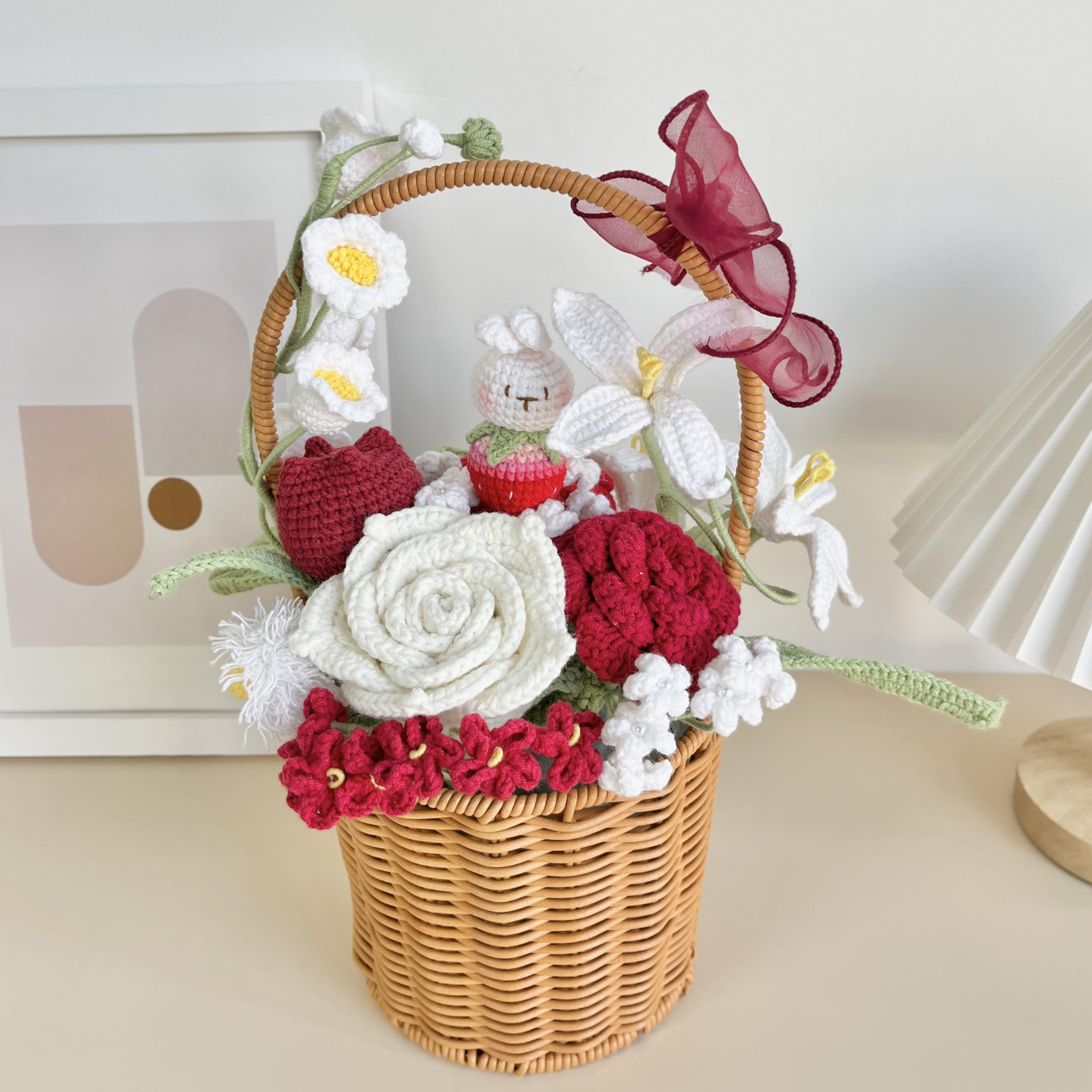 JOMODECOR Handmade Crochet Flower Basket - Artificial Potted Flowers with Strawberry, Bunny, Daisy, Tulip & Rose - Perfect Gift for Girlfriend, Mom & Women - Home Office Desk & Bedroom Decor (Red) - Ideal for Wedding Centerpieces, Baby Showers & Spring Home Decor