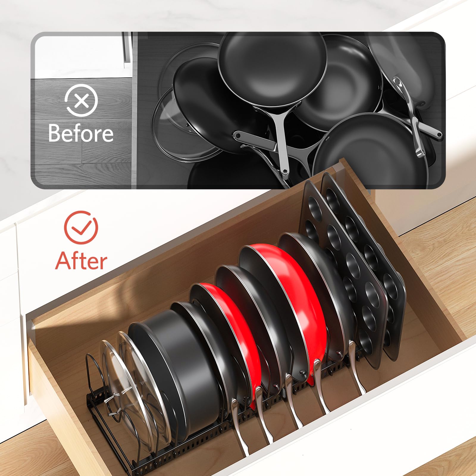ORDORA Pots and Pans Organizer - Under Cabinet Storage Rack, 11.8'' to 22.8'' Extendable with 12 Adjustable Dividers, Kitchen Cabinet Organizer for Pots, Pans, Lids - Perfect for Small Kitchens, RV, Apartment & Dorm Organization