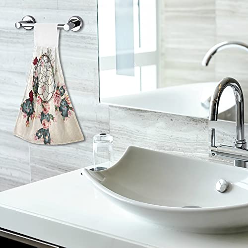 2 Pack Boho Rose Flower Indian Dream Catcher Kitchen Towels - Soft Microfiber Coral Velvet Hand Towels with Loops, Absorbent Dish Towels for Bathroom, Kitchen & Decor - Perfect for Washing Dishes, Drying Hands & Bohemian Home Decor