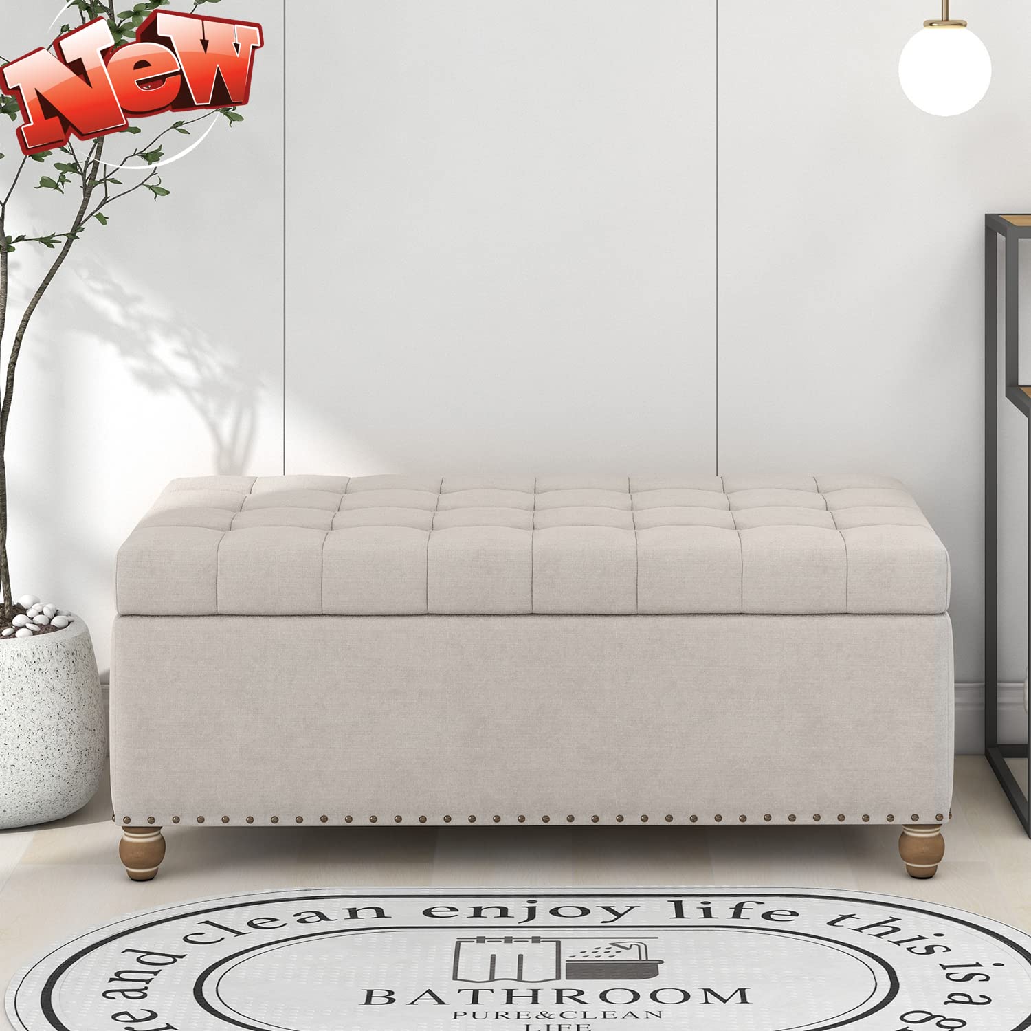 ZMIHANNA Upholstered Storage Bench with Flip Top - Tufted Ottoman Bench for Entryway, Bedroom & Living Room - Strong & Thickened Design with Rubber Wood Legs - Perfect for Seating, Storage & Footrest (Beige)