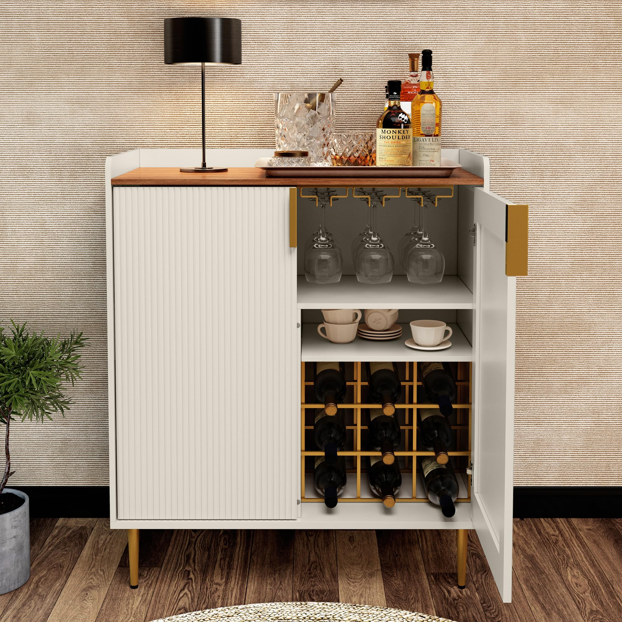 Modern White Wine Bar Cabinet with Fluted Texture - Freestanding Kitchen Buffet Sideboard with Wine Rack & Glass Holder for Dining Room, Living Room | Perfect for Home Entertaining, Wine Storage & Stylish Kitchen Organization