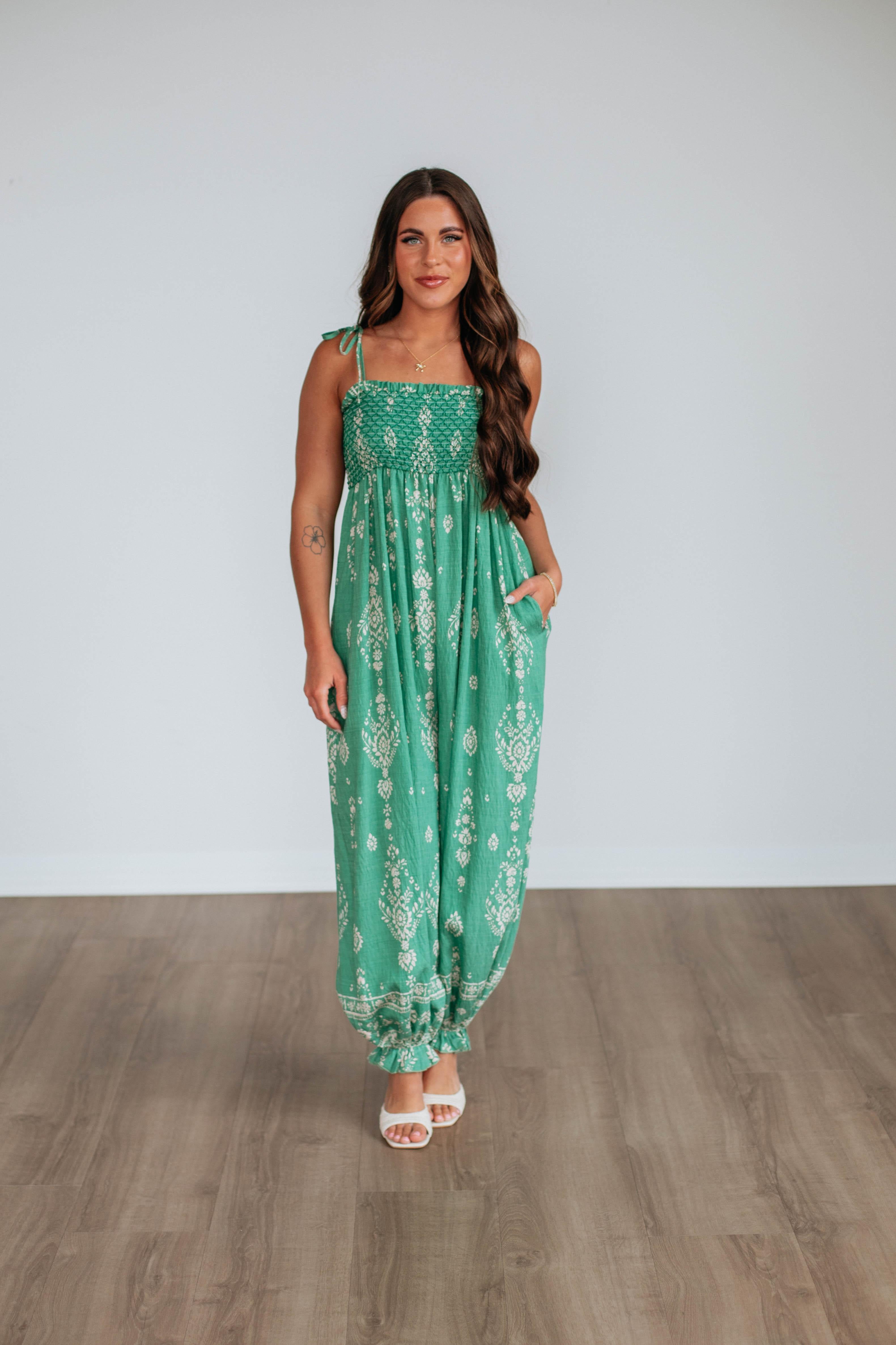 Azelia Women's Jumpsuit - Kelly Green Mix Color One Piece Romper | Casual Summer Outfit for Beach, Party & Vacation