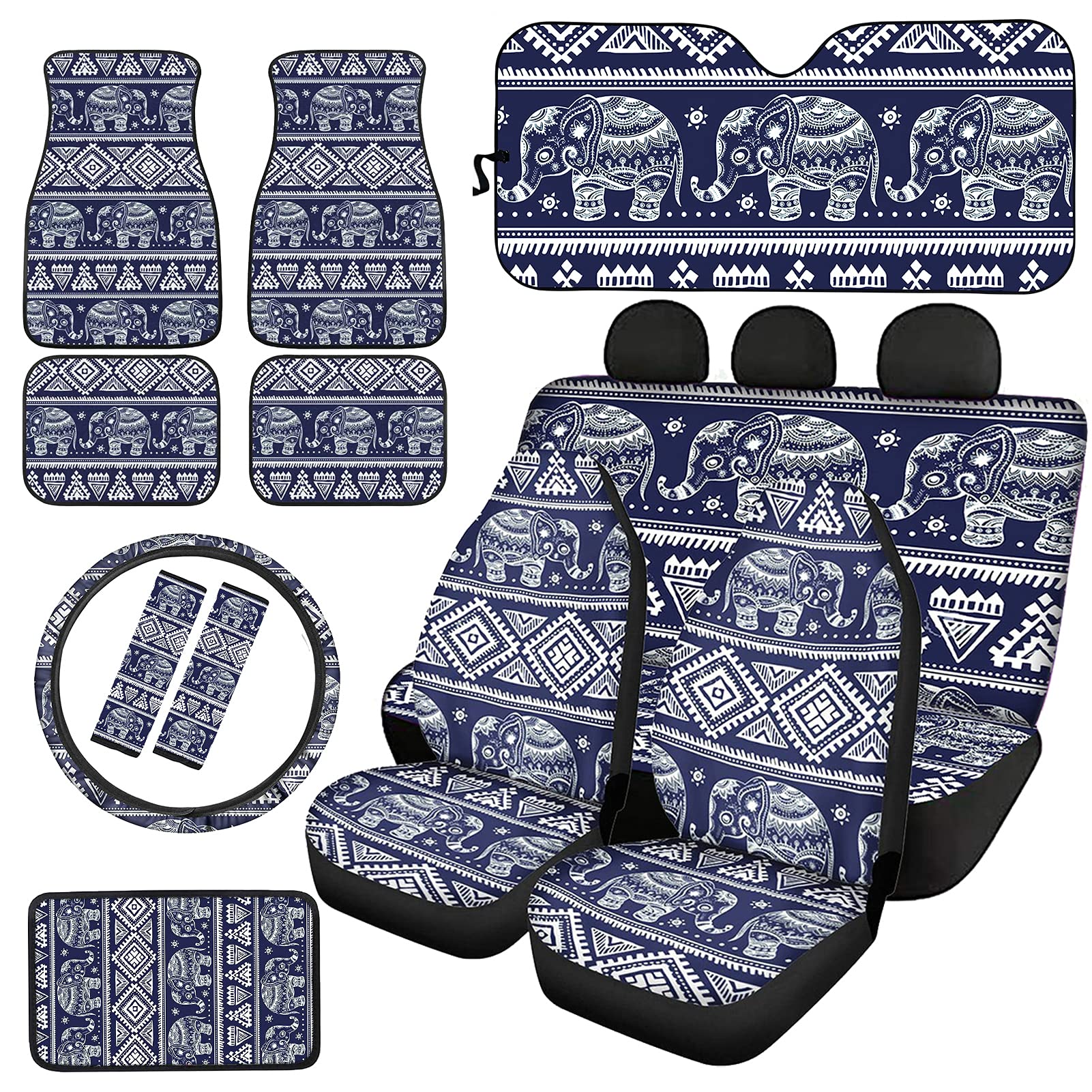 Belidome Boho Aztec Elephant Car Seat Covers Set - 13-Piece Full Car Protection Kit with Floor Mats, Sun Visor, Steering Wheel Cover & Seatbelt Pads | Perfect for SUVs, Trucks & Sedans | Stylish & Durable Interior Accessories