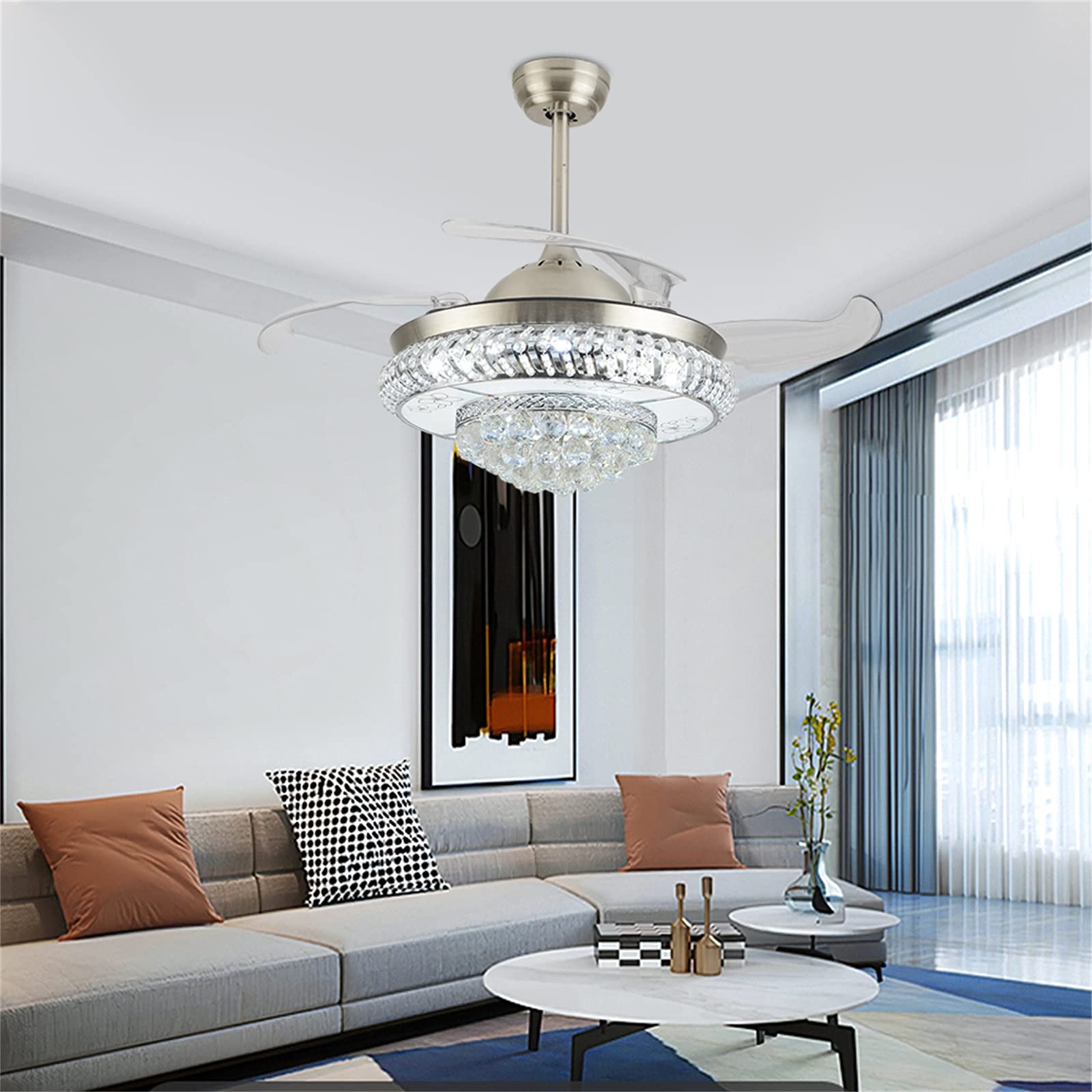 Modern Crystal LED Ceiling Fan with Light - 42 Inch Silver Fandelier with Retractable Blades, Remote Control, 3 Speed Settings & 3 Color Temperatures - Perfect for Living Room, Bedroom, Dining Room & Kitchen Decor