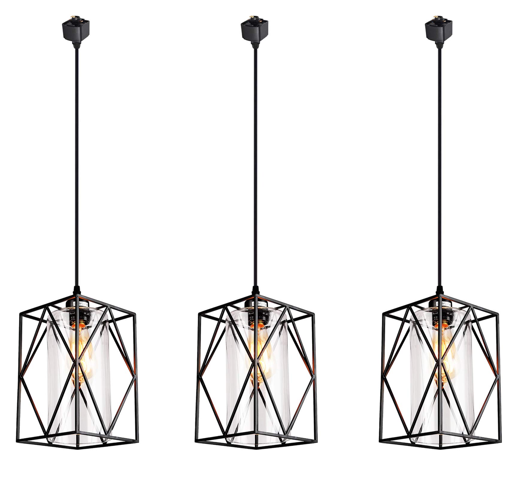 Kiven H Track Lighting Pendant - Elegant Metal Cage Pendant Light with Clear Glass Shade, 3-Light Industrial Style Fixture for Kitchen Island, Dining Room & Living Room Lighting