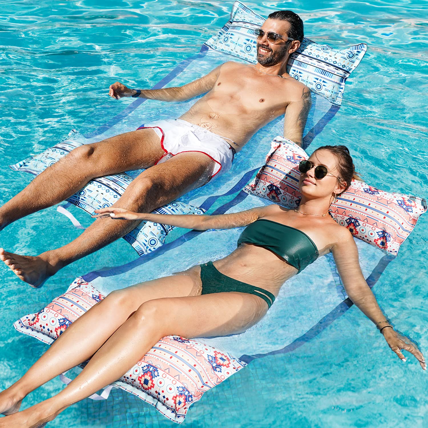 **FindUWill 2-Pack XL Inflatable Water Hammocks – 4-in-1 Pool Float (Saddle, Lounge Chair, Hammock, Drifter) – Boho Style Soft Fabric Mesh for Adults – Perfect for Pool Parties, Lakes & Beach Relaxation**