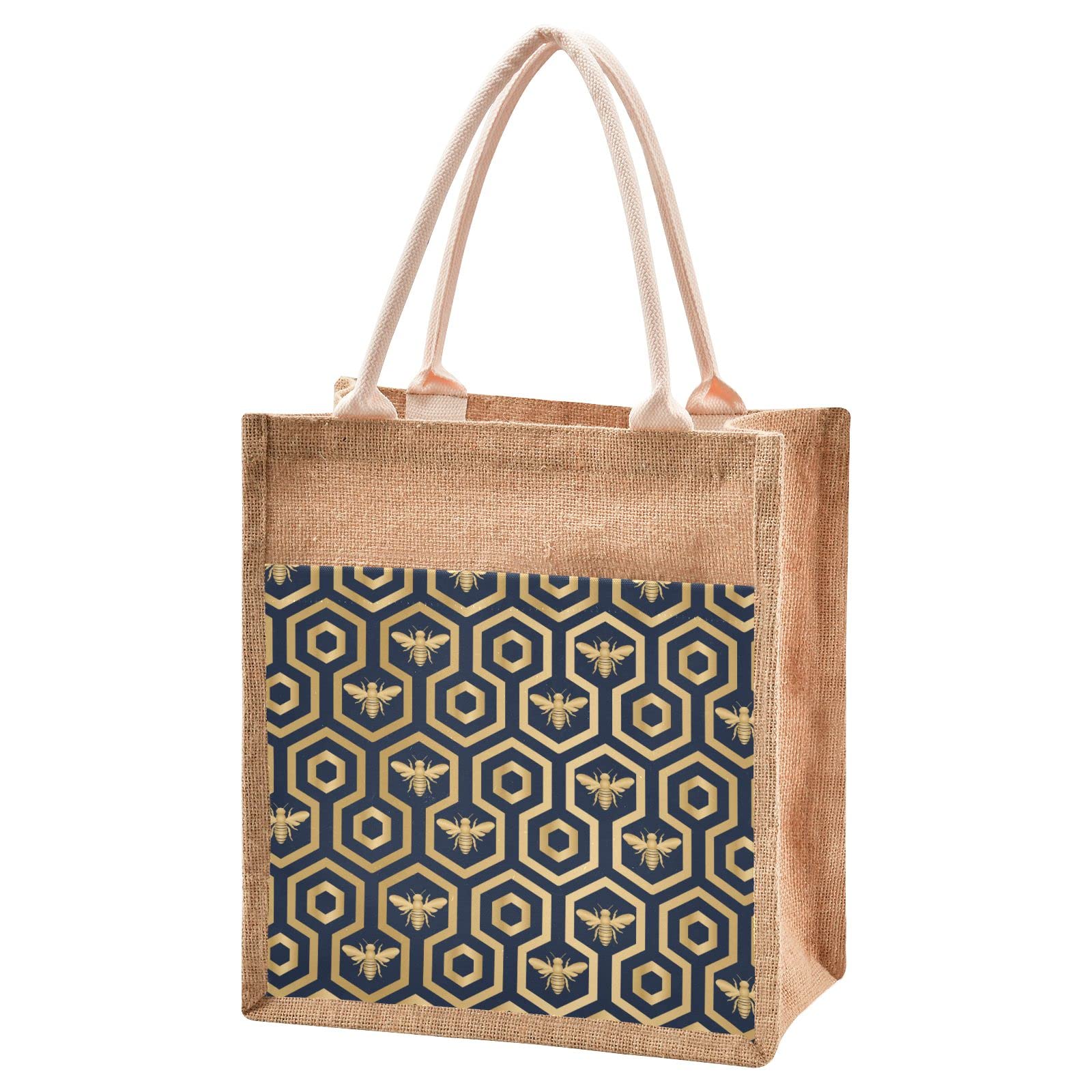 Linqin Hexagon Pattern Jute Tote Bag - Waterproof Burlap Straw Grocery Shopping Bag for Women, Eco-Friendly Beach Tote & Travel Bag - Perfect for Farmers Market, Picnic, and Summer Outings