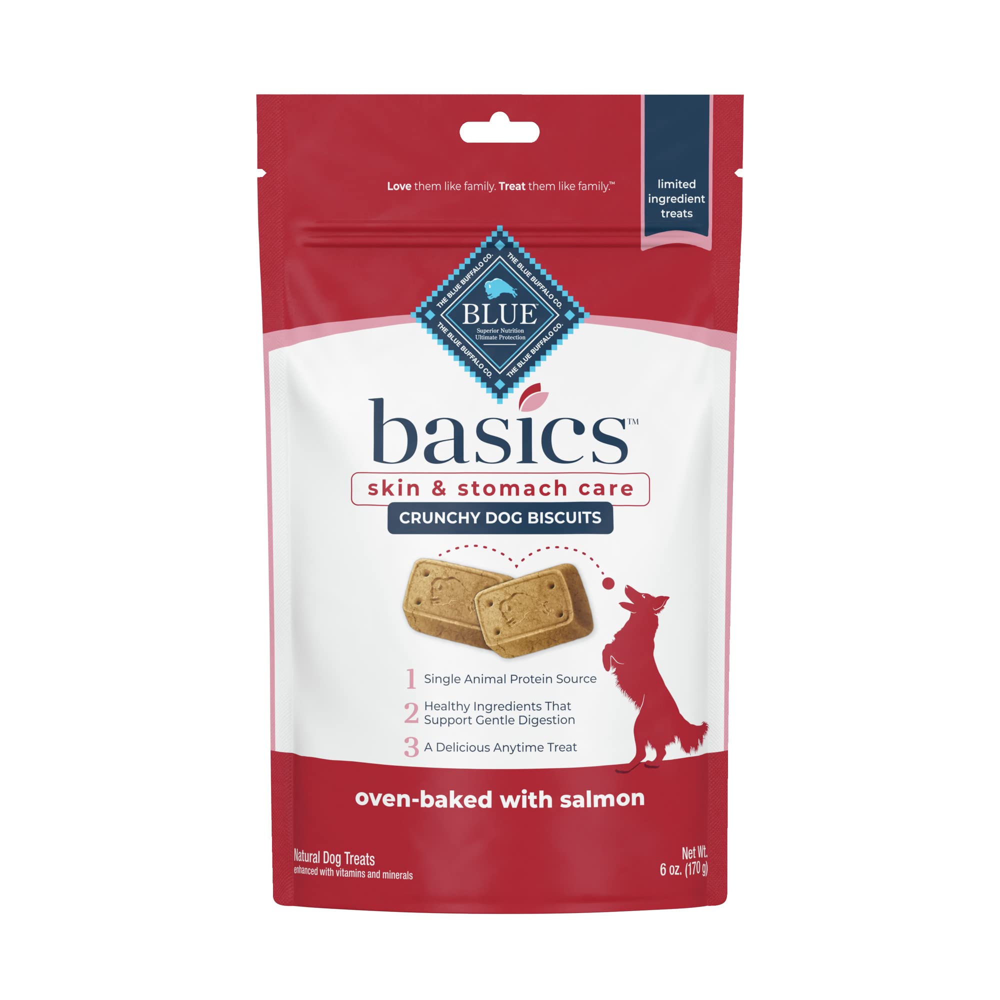 Blue Buffalo Basics Skin & Stomach Care Crunchy Dog Treats - Salmon & Potato Recipe, 6oz Bag - Perfect for Sensitive Stomachs & Allergy Relief