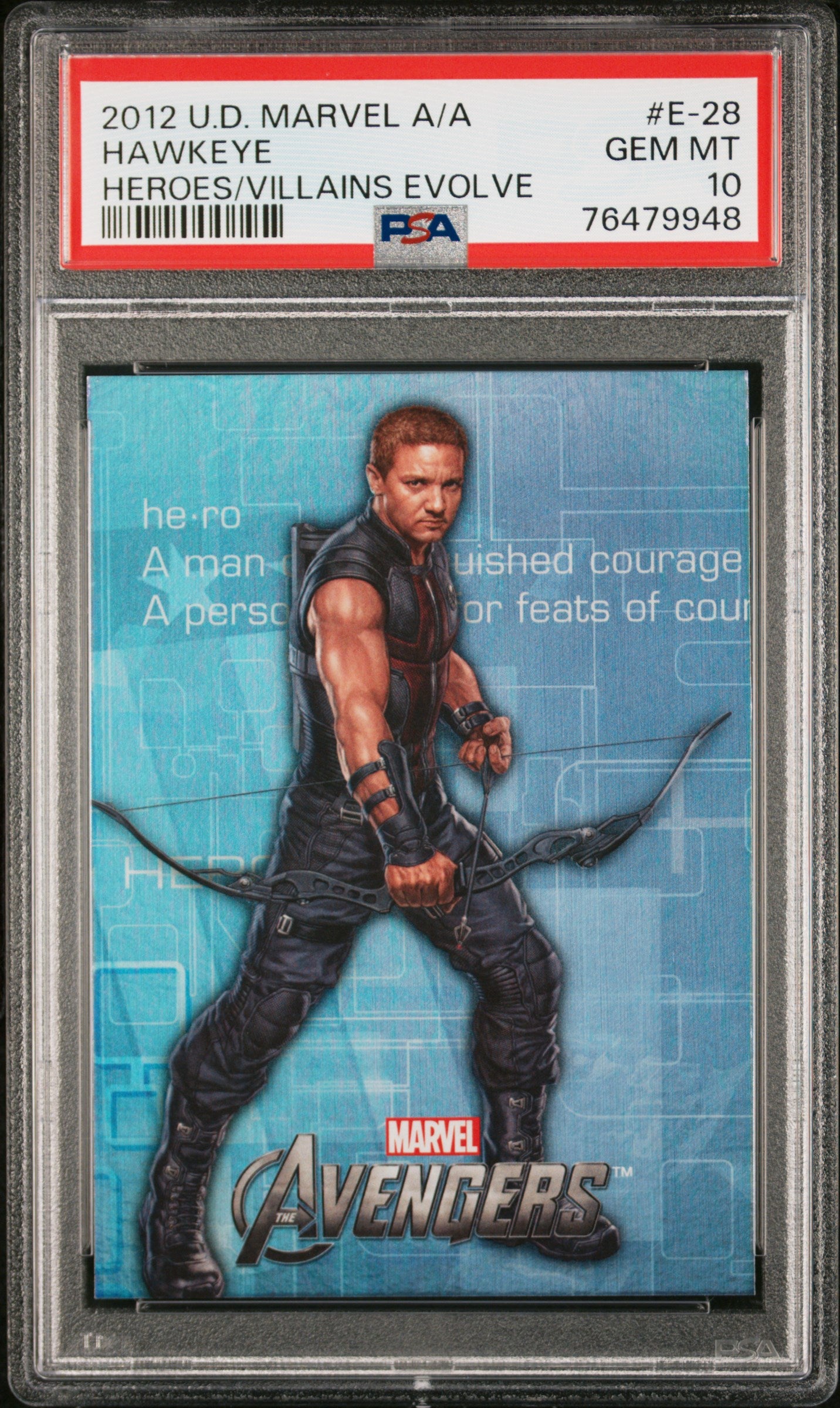 2012 Upper Deck Marvel Avengers Assemble Heroes & Villains Evolve Hawkeye #E28 PSA 10 Graded Card - Perfect for Comic Book Collectors & Marvel Fans Display