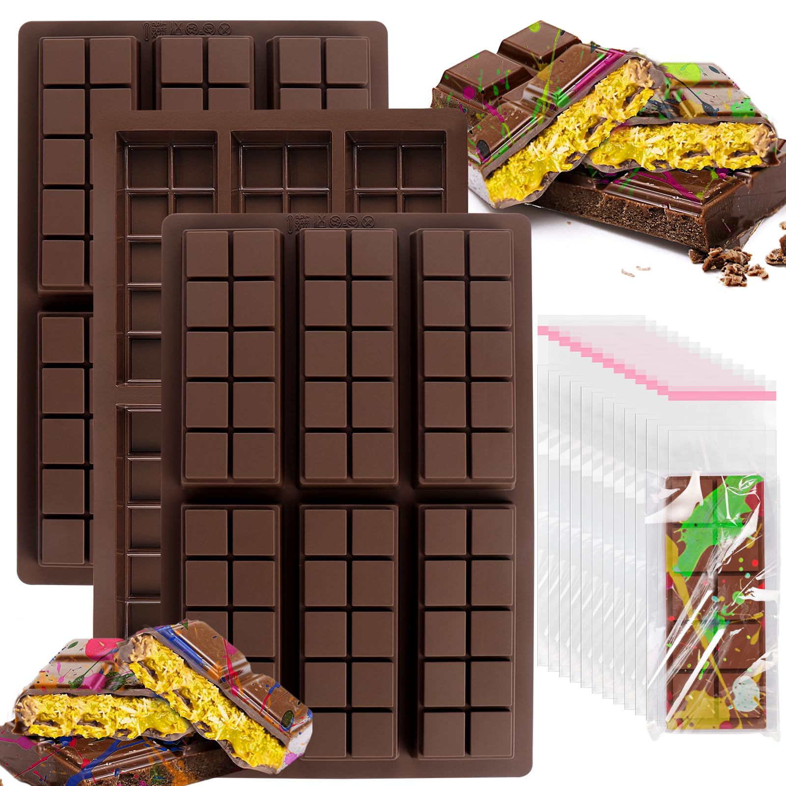 AIERSA 3-Pack Deep & Thick Silicone Chocolate Bar Molds - 10 Grids for Duubai, Pistachio, Knafeh Chocolate Bars & Candy Stuffed Bars | Perfect for Homemade Chocolates, Candy Making & Gift Packaging