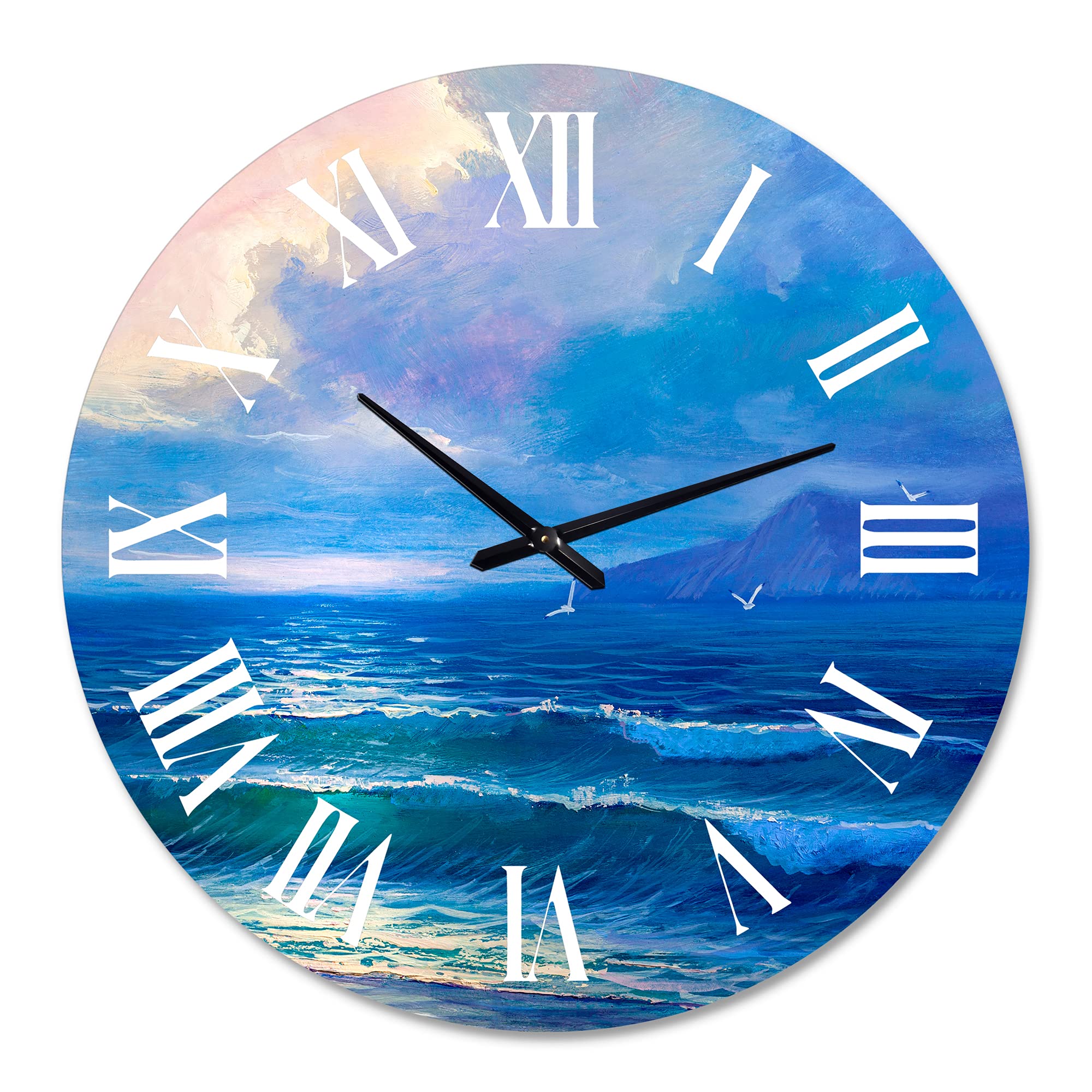 DesignQ Coastal Wall Clock - 'Morning Sunlight On The Sea Waves I' - 12 Inch Round Nautical Decor for Living Room, Bedroom & Office - Blue Ocean Theme Clock for Beach House & Coastal Style Homes