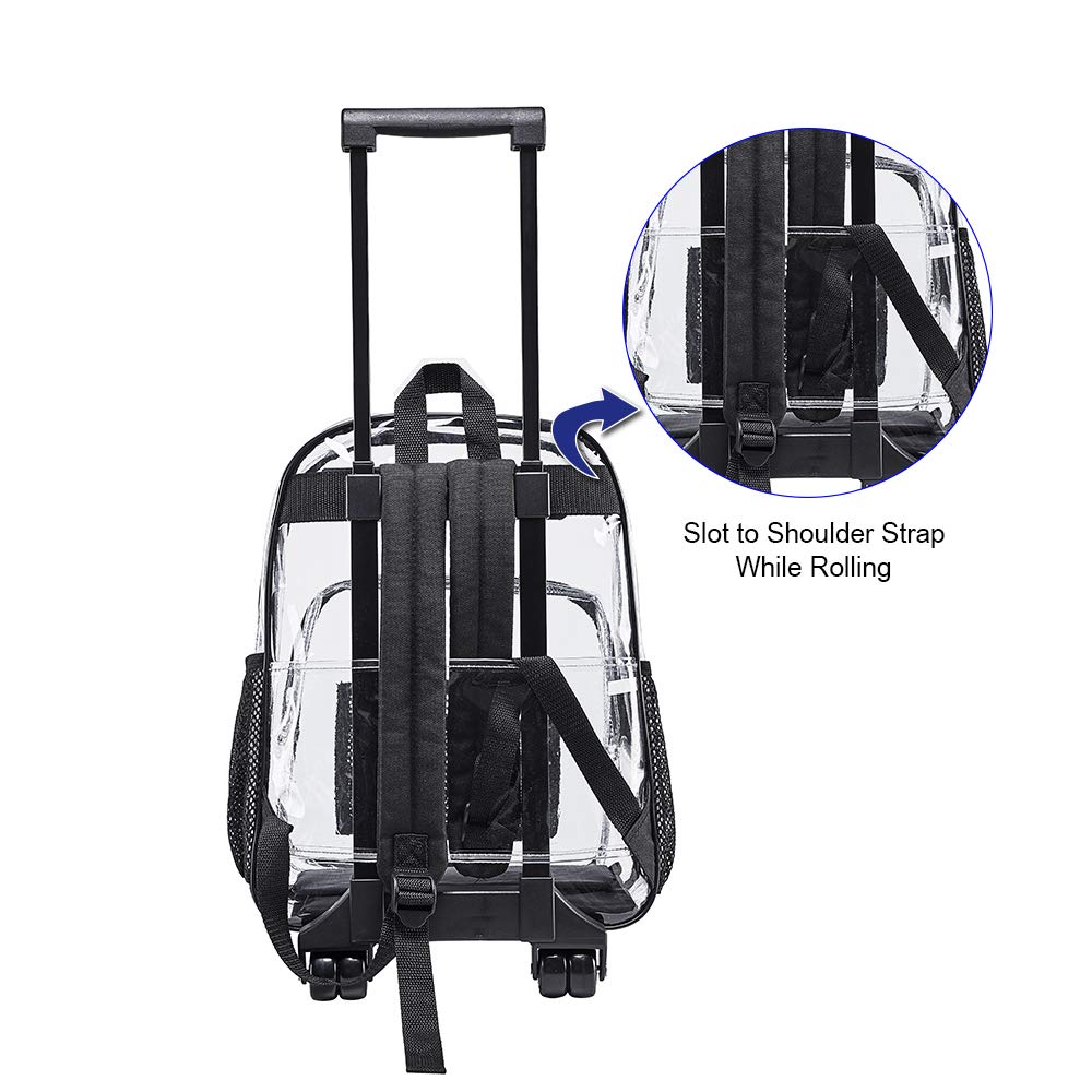 Rolling Clear Backpack - Heavy Duty Cold-Resistant Transparent PVC Wheeled Backpack for School, Travel & Security Check (Black) | Perfect for Airports, Concerts & Work Commute