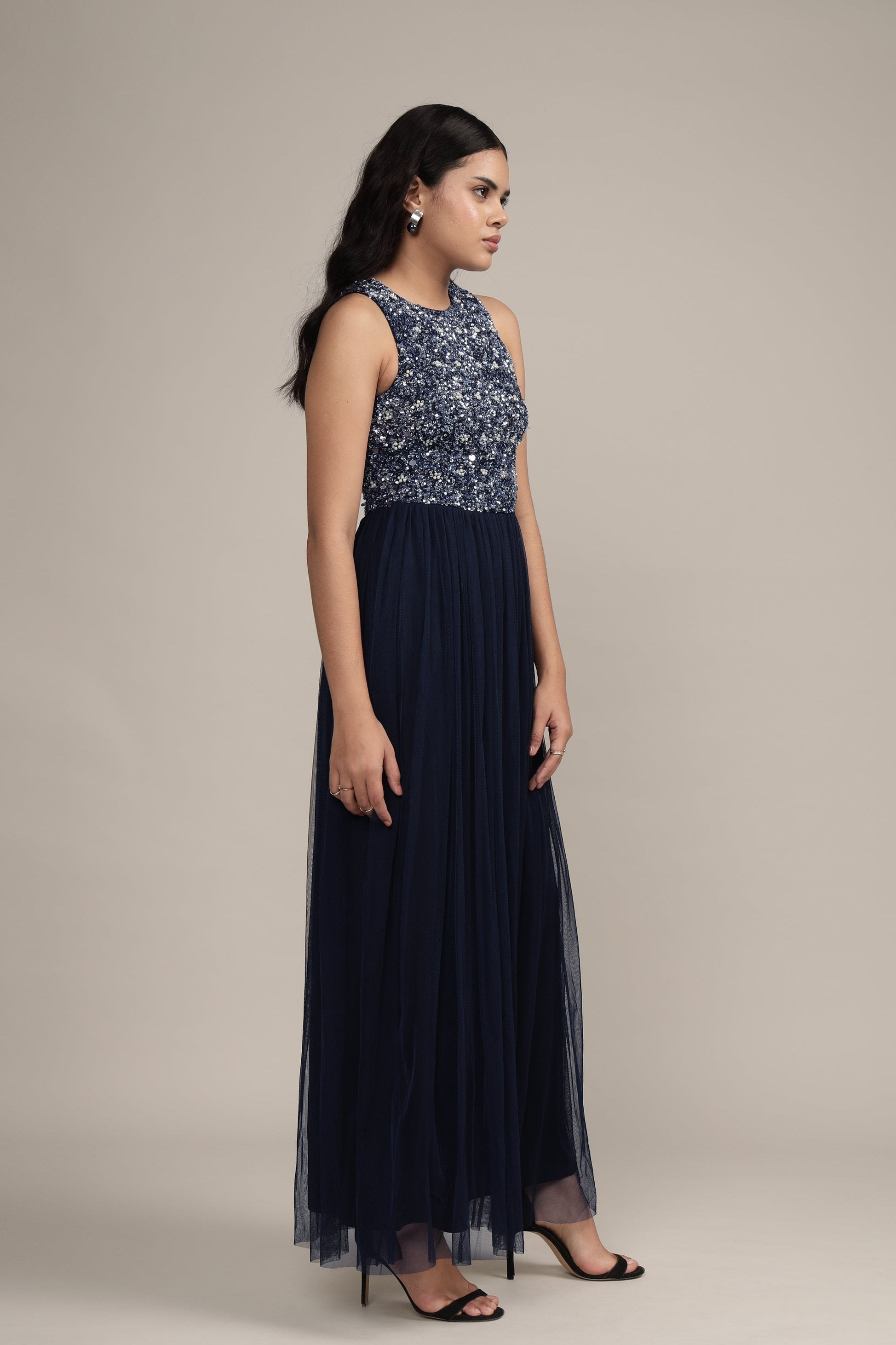 Picasso Embellished Maxi Dress - Navy Blue Pearl Bead Evening Gown for Women | Elegant Formal Wear for Weddings, Galas & Special Occasions