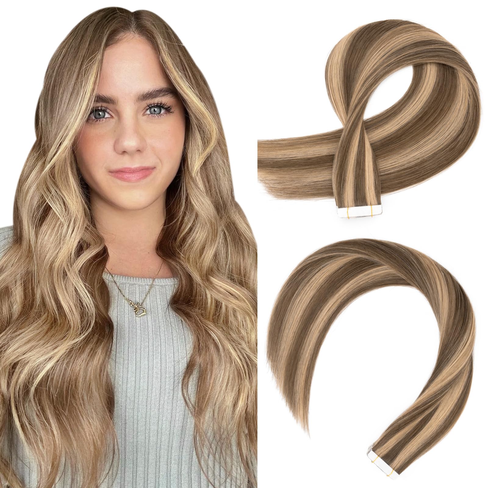 Premium Hairro Glue-In Human Hair Extensions – 14 Inch 30g 20pcs Tape-In Weft with Double Sided Tape (Medium Brown & Dark Blonde) for Natural Volume & Length – Perfect for Balayage Highlights, Daily Styling & Special Occasions