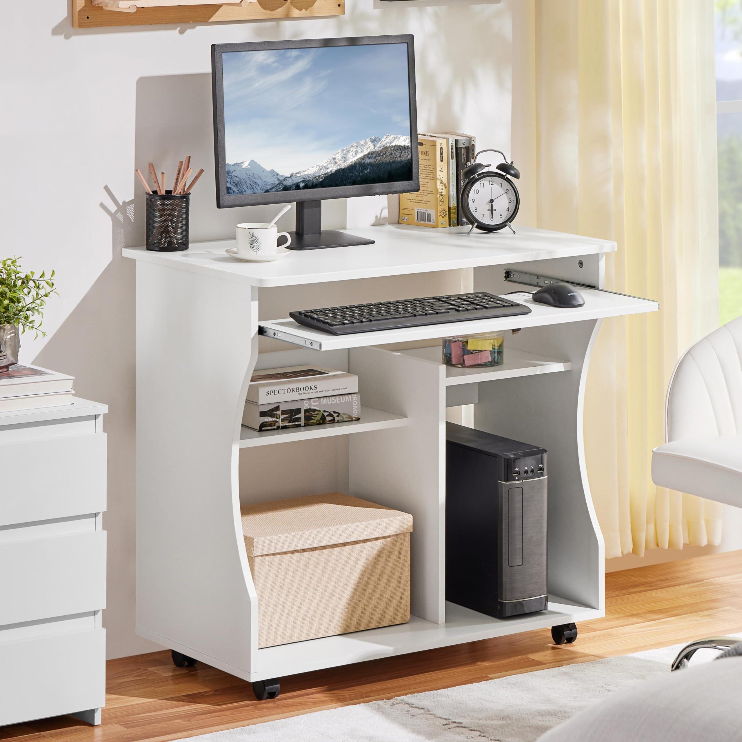 Yaheetech Adjustable Height Mobile Computer Desk with Keyboard Tray & 2 Shelves - 80.1 x 48.1 x 76.2 cm White Rolling Workstation for Home Office, Study, Gaming & Small Spaces - Easy to Move & Space Saving Design