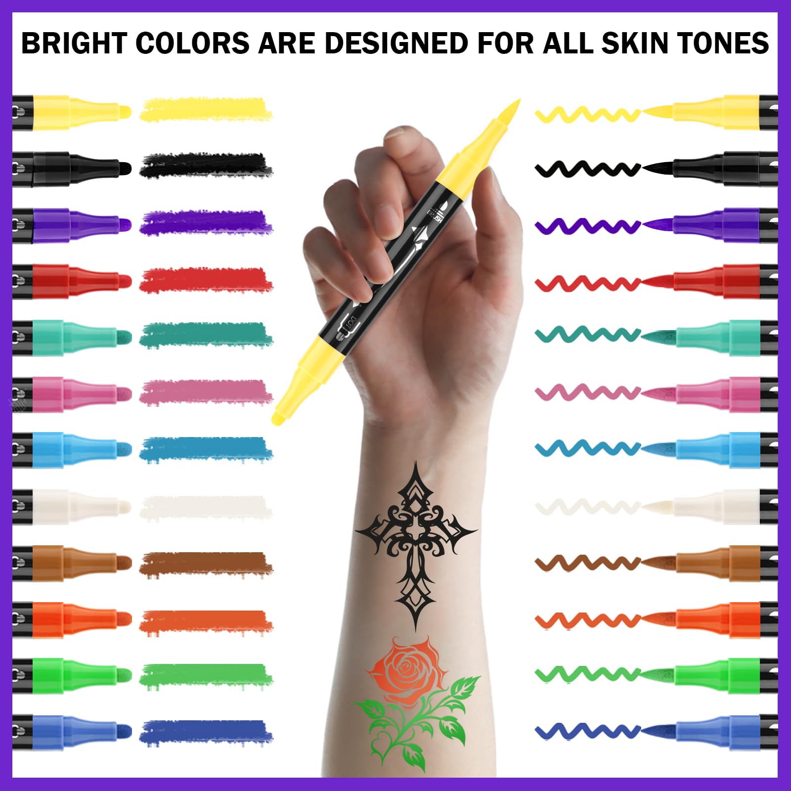 Ponhey Temporary Tattoo Markers Kit - 12 Dual-End Skin Markers & 67 Large Stencils for Adults | Cosmetic-Grade, Skin-Safe Body Art Pens with Fine Tip | Perfect for Halloween, Costume Parties, Festivals & Face Painting
