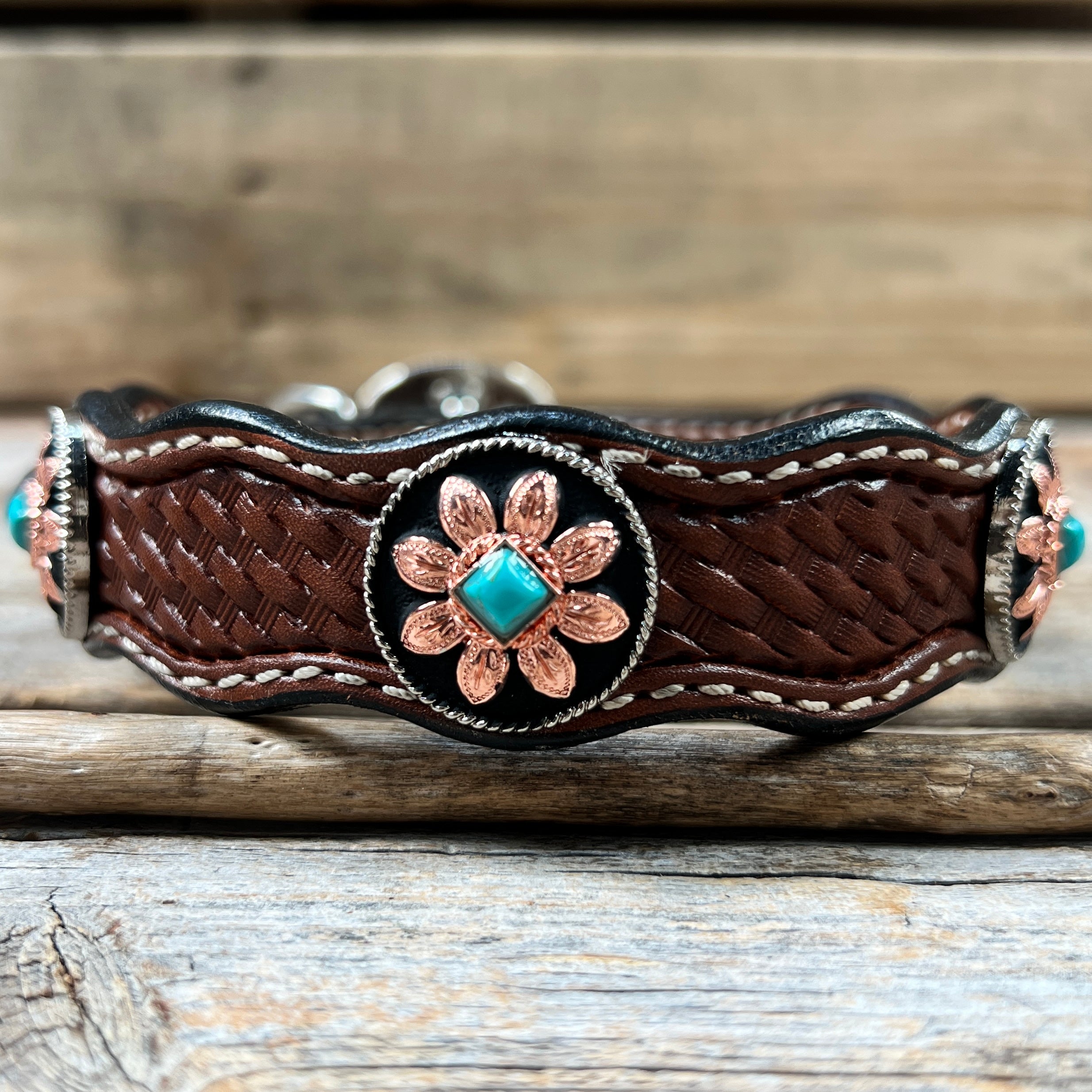 Handmade Leather Dog Collar with Copper Turquoise Sunflower Conchos - Adjustable 10 to 22 Inches (W188S DC1006) - Perfect for Outdoor Adventures & Special Occasions
