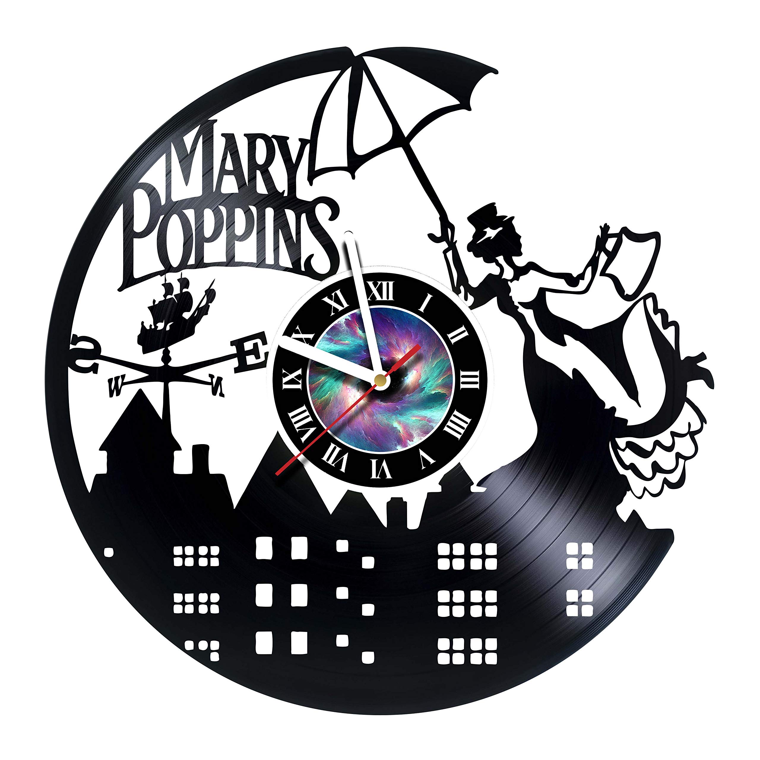 Handmade Vinyl Record Wall Clock - Mary Poppins Themed Silent Non-Ticking Wall Art | Unique Gift for Home, Office, Nursery Decor | Perfect for Living Room, Bedroom, Kitchen & Gifts for Boss, Dad, Mom, Boy or Girl