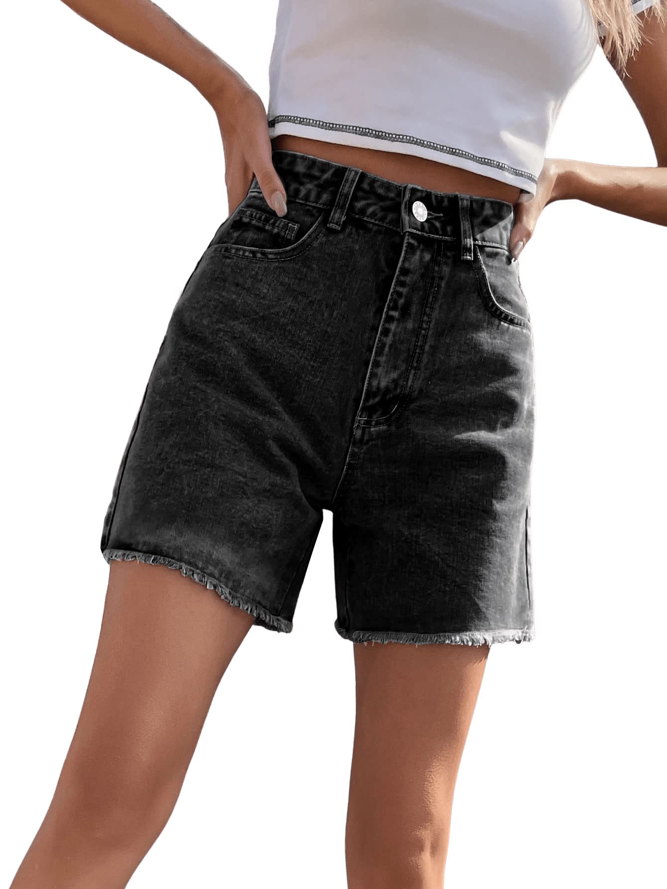 SweatyRocks Women's High Waist Denim Shorts - Straight Leg Raw Hem Jean Shorts with Pockets | Summer Fashion, Casual Wear, Street Style Outfits