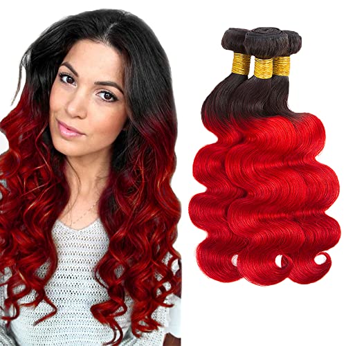 Ombre Body Wave Human Hair Bundles 3-Pack - 10 12 14 Inch Red & Black Virgin Hair Weave | Unprocessed Brazilian Hair Extensions for Women | Perfect for Parties, Weddings & Daily Styling