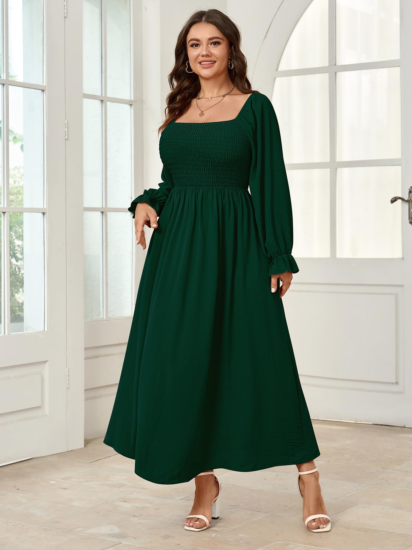 Plus Size Women's Maxi Dress - Long Sleeve Square Neck Smocked Flowy A-Line Boho Dress for Wedding, Party & Special Occasions | Elegant & Comfortable Formal Wear for Curvy Women