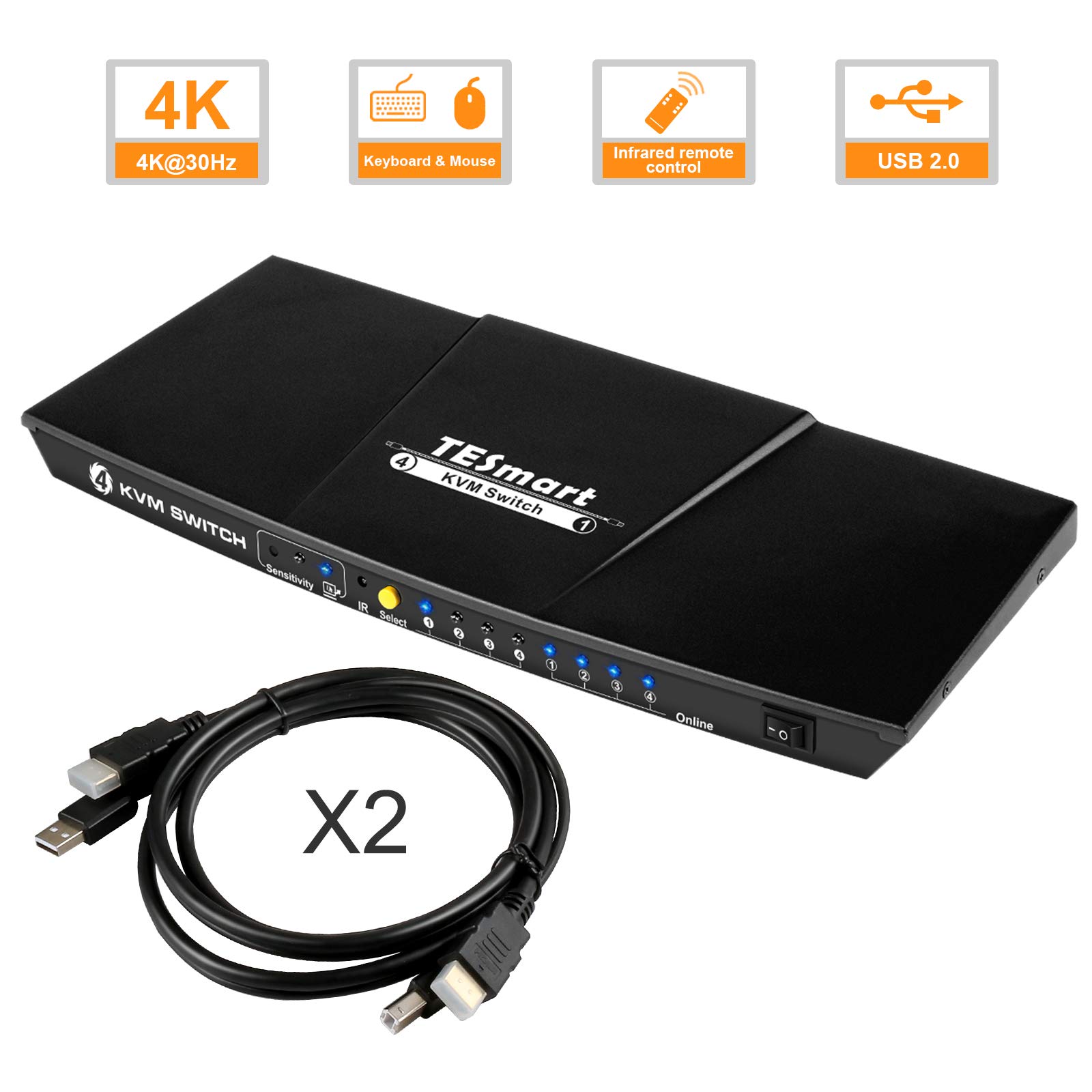 TESmart 4 Port HDMI KVM Switch 4K Ultra HD 3840x2160@30Hz | 4x1 KVM Switcher for 4 PCs to 1 Monitor with 2x1.5m Cables | Supports USB 2.0 Devices | Control 4 Computers/Servers/DVR | Matte Black | Perfect for Home Office, Gaming & IT Management