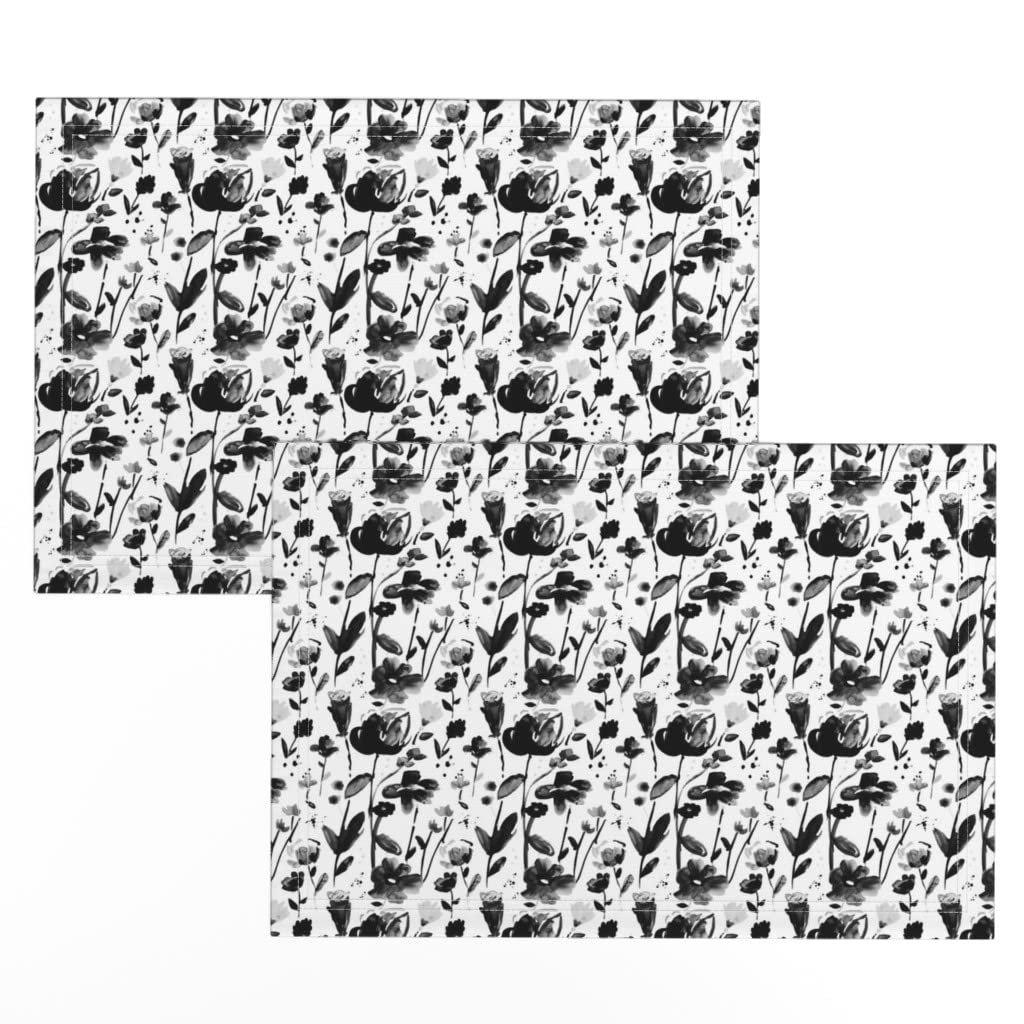 Linen Cotton Canvas Placemats Set of 2 - Black Floral Watercolor Design for Dining Table Decor, Romantic Feminine Modern Kitchen Accessories, Garden Print Cloth Placemats by Spoonflower | Perfect for Dinner Parties, Brunch, and Home Decor