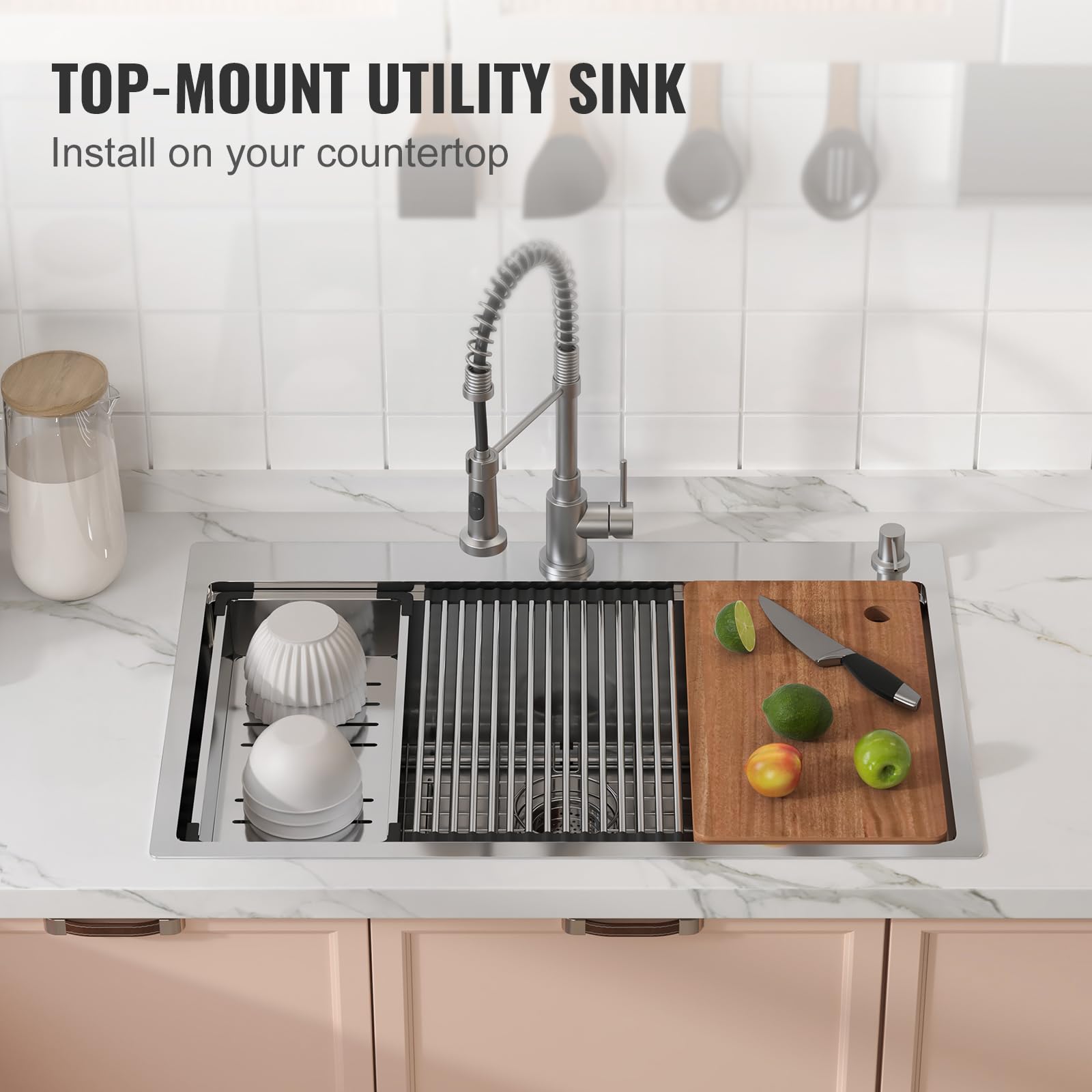 VEVOR 33 Inch 304 Stainless Steel Drop-In Kitchen Sink - Single Bowl Top Mount Sink with Drainboard & Accessories - Perfect for Home Kitchen, RV, Bar Prep & Dishwashing Station - Durable Workstation Sink for Commercial & Residential Use