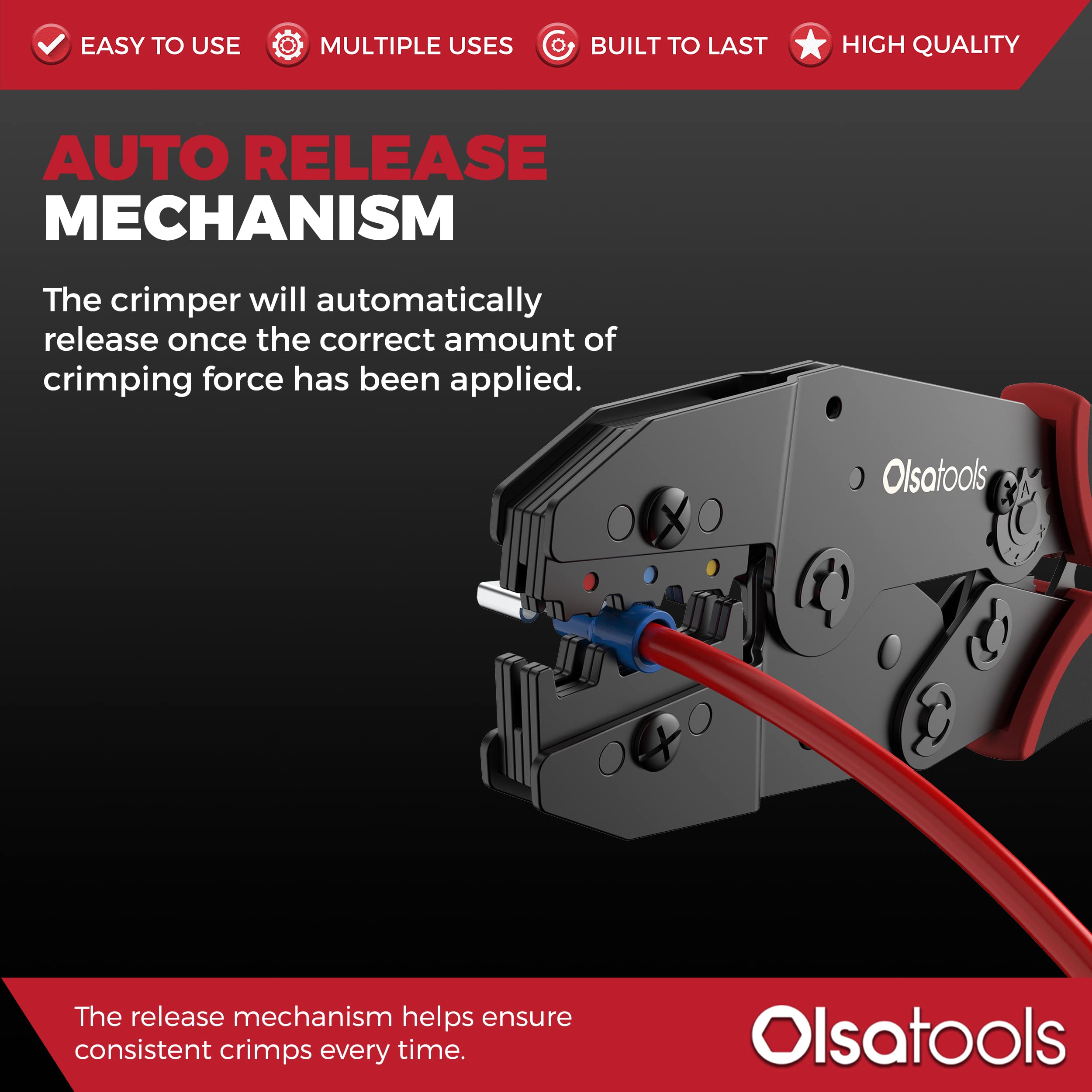 Olsa Tools Ratcheting Wire Crimper - Professional Terminal Crimping Tool for Wire Connectors, Butt Connectors, Spade Connectors & Insulated Electrical Connectors | Ideal for Electrical Work, DIY Projects & Automotive Wiring Repairs