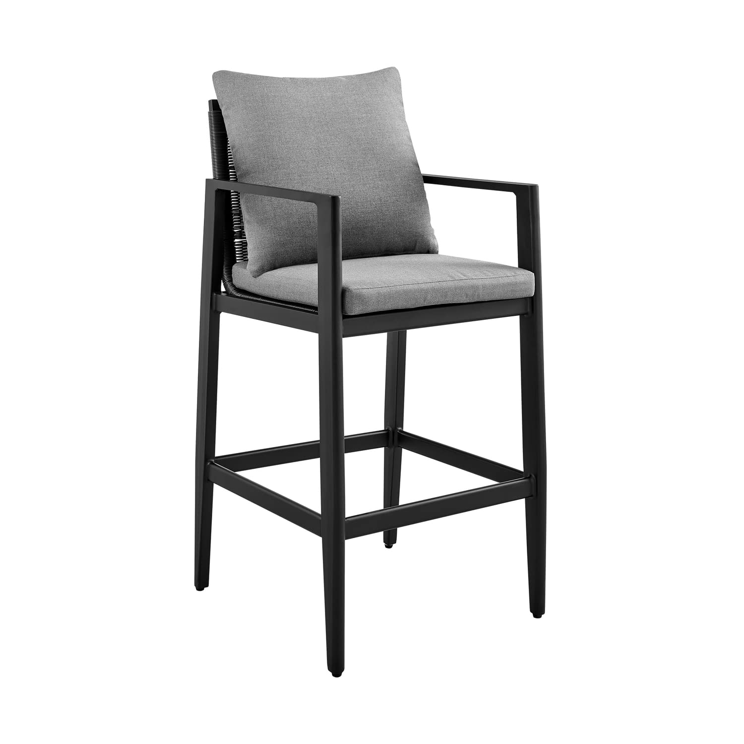 Armen Living Cayman Outdoor Patio Bar Stool - Aluminum Frame with Comfortable Grey Cushions - Perfect for Poolside, Backyard, and Patio Dining