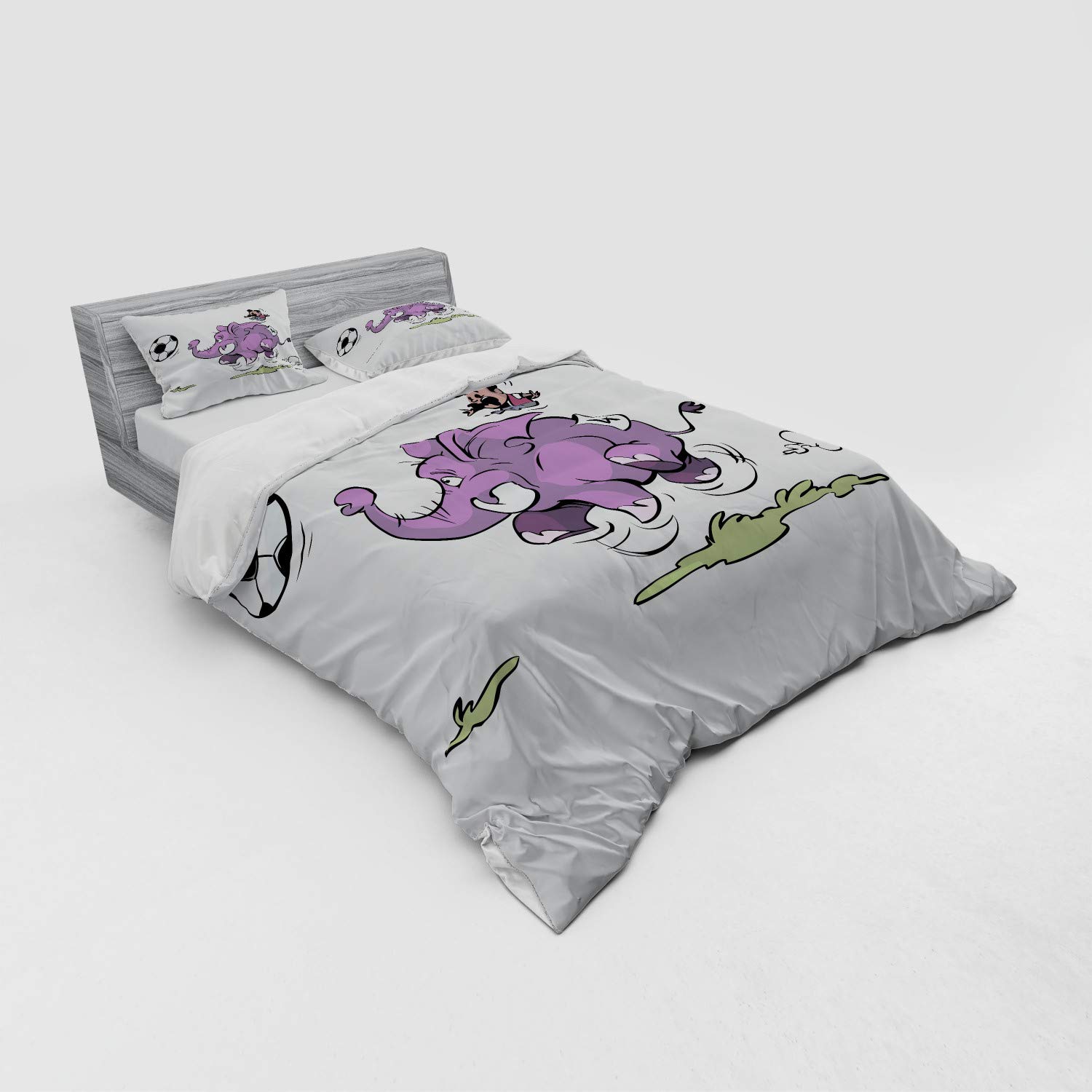 Ambesonne Animal Print Duvet Cover Set - Soccer & Mario Mustache Sports Theme Football Design, 3-Piece Queen Size Bedding Set with Pillow Sham & Fitted Sheet (Purple & White) - Perfect for Kids' Rooms, Game Themed Bedrooms & Sports Fans