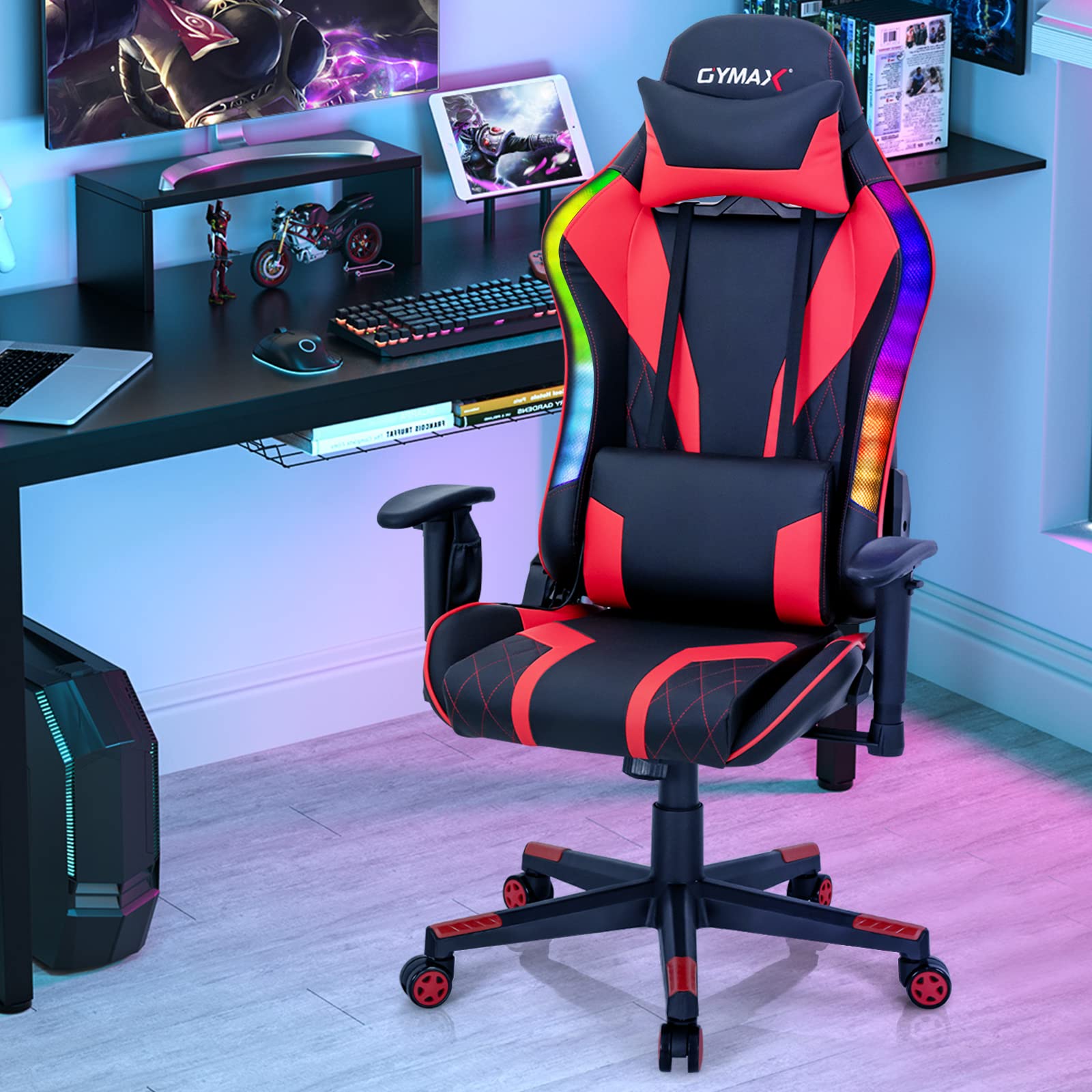Powerstone RGB Gaming Chair - Ergonomic Racing Style Computer Chair for Adults with Adjustable Lumbar Support & Armrests - High Back Office Desk Chair for Gamers (Red) - Perfect for Esports, Streaming & Home Office Workspace