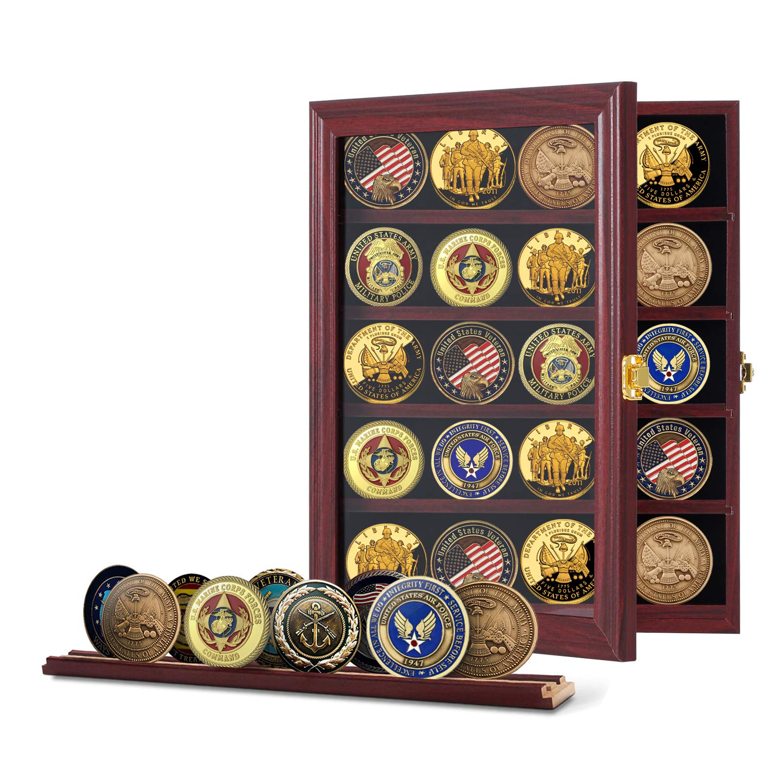 Jinchuan Lockable Military Challenge Coin Display Case - Mahogany Shadow Box with Removable 2-Shelf Design & Anti-Fade Acrylic Glass Door - Perfect for Casino Poker Chips, Collectibles, and Military Memorabilia Display at Home or Office