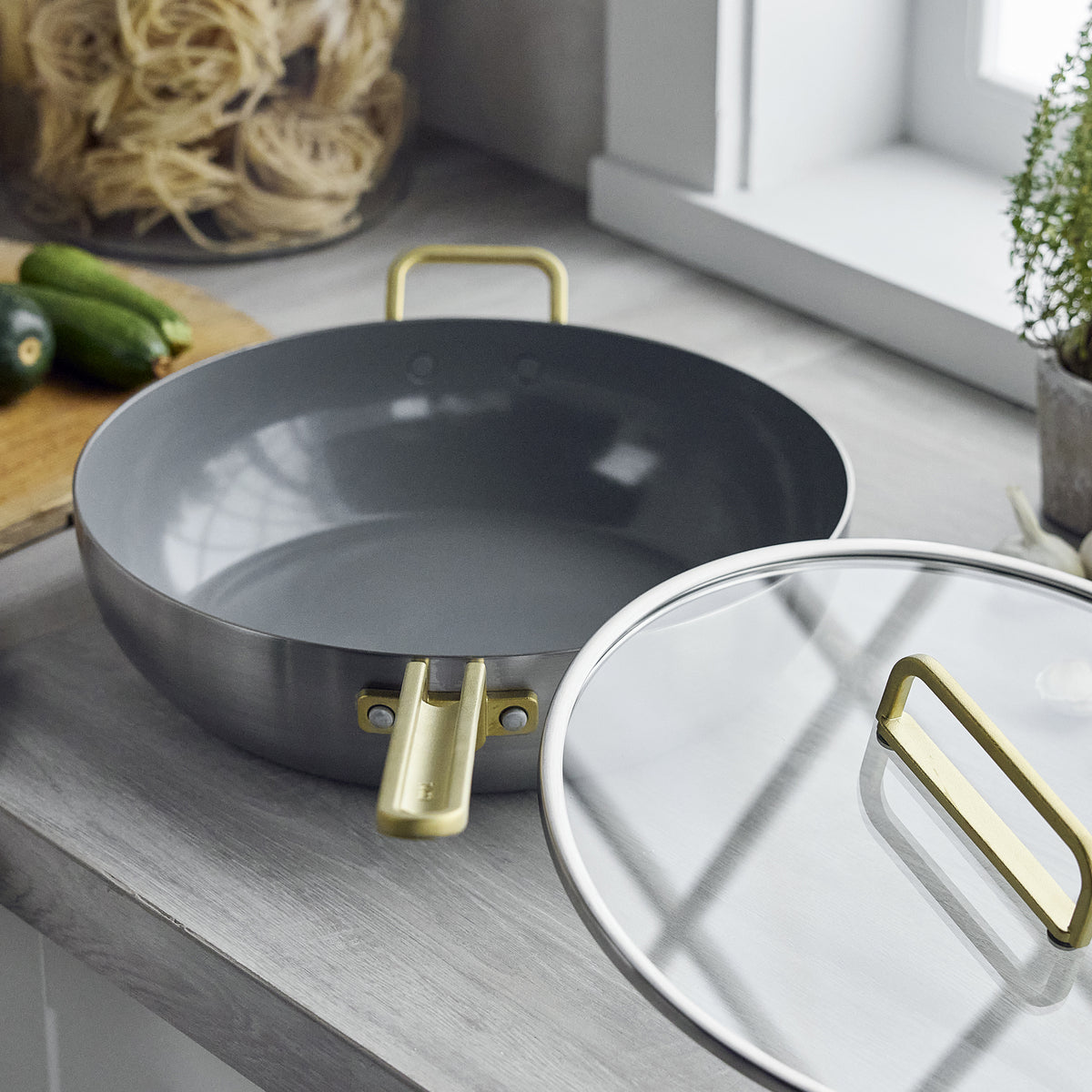Stanley Tucci™ 6.5 Quart Stainless Steel Ceramic Nonstick Essential Pan with Lid - Champagne Handle for Cooking, Baking & Serving | Perfect for Home Kitchen & Professional Chefs