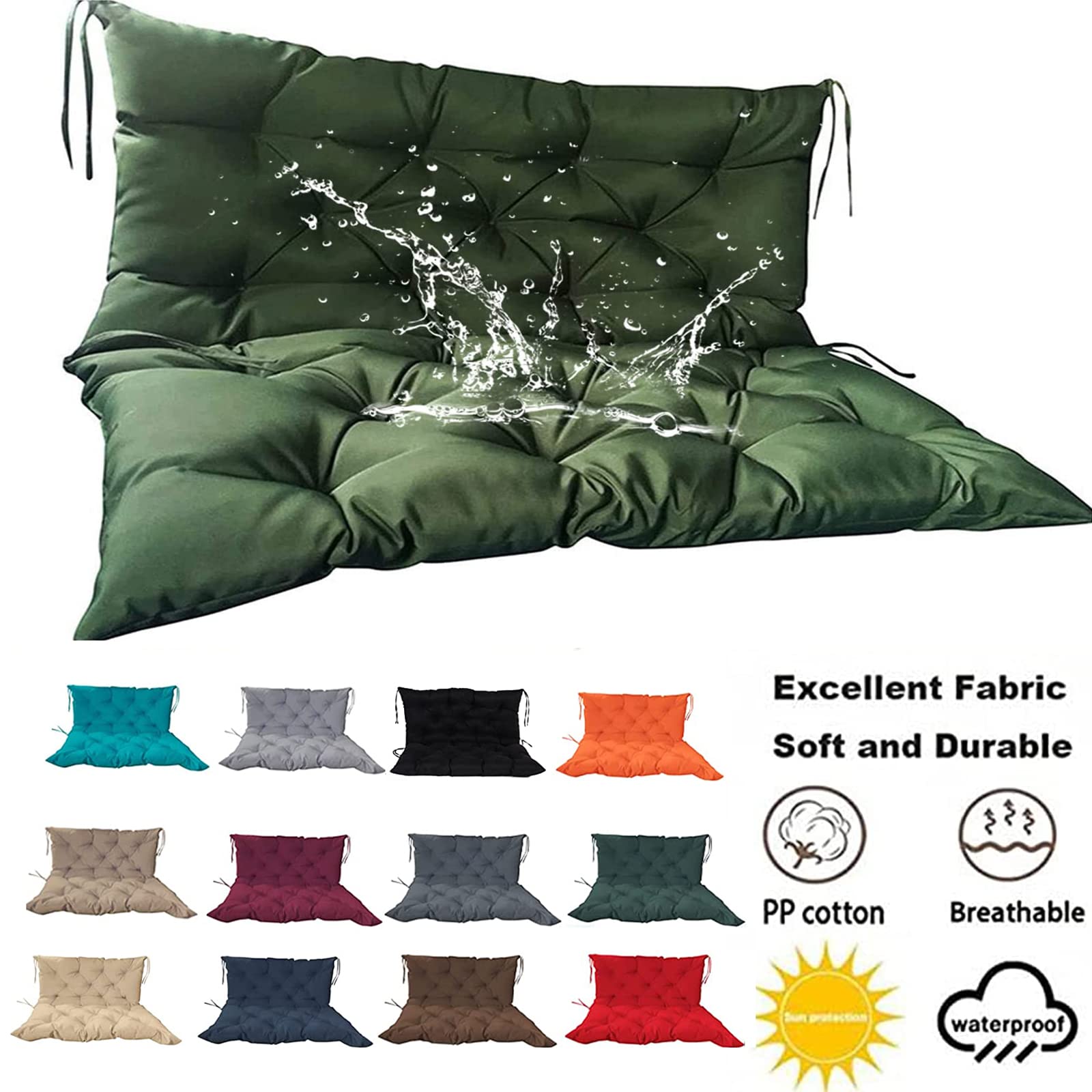 Outdoor Swing Cushions with Backrest - 3 Seater Replacement Cushion Waterproof with Tie - Thick Garden Bench Cushion for Patio Loveseat/Settee (Dark Green 59