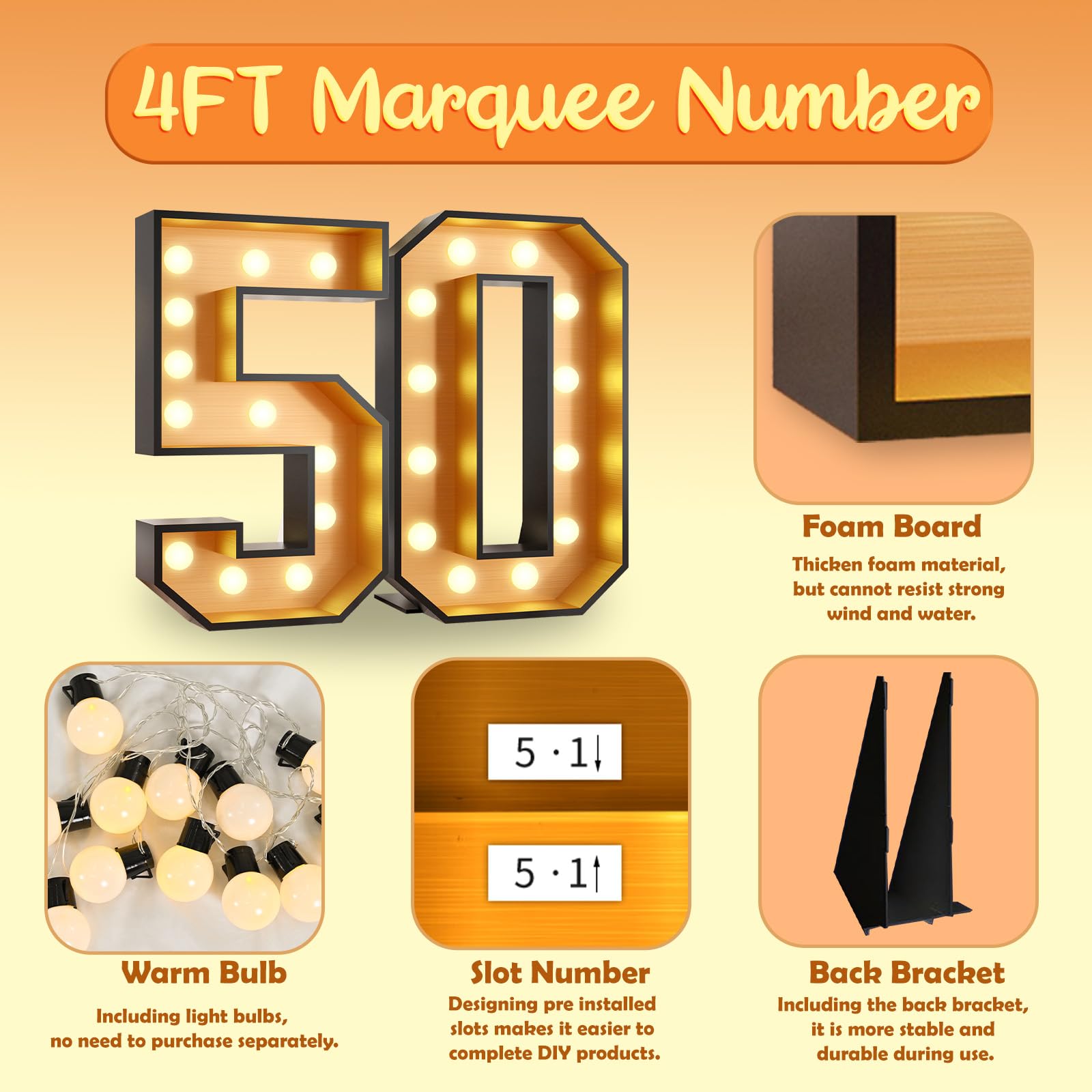 4FT Black & Gold Giant Marquee Light Up Number 50 - DIY Pre-Cut Foam Board Kit for 50th Birthday Decorations, Party Backdrops & Anniversary Celebrations | Perfect for Milestone Events, Photo Booths & Nighttime Illumination