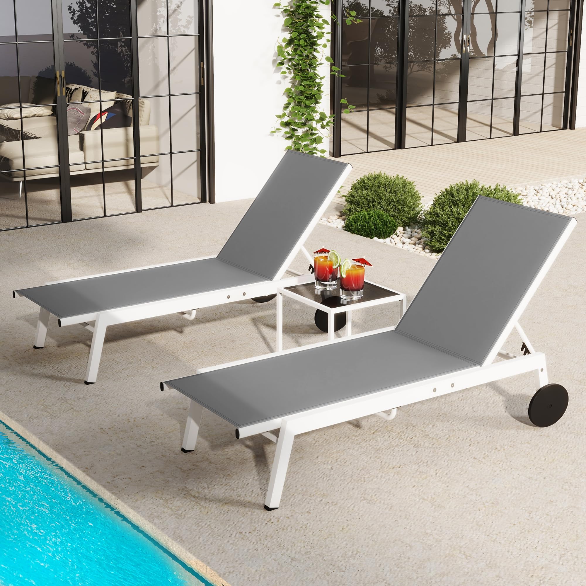YITAHOME 3-Piece Patio Chaise Lounge Set with Adjustable Backrest & Wheels - Light Grey Outdoor Lounge Chairs with Side Table for Pool, Beach, Patio, Lawn & Porch Relaxation