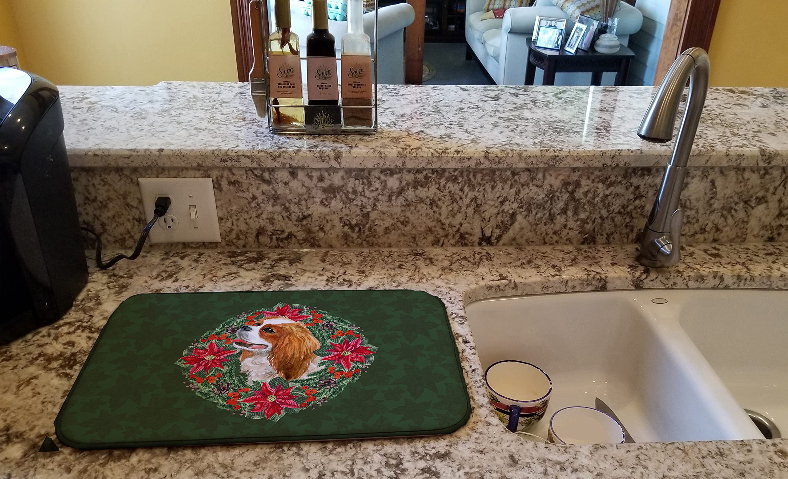 Cavalier Spaniel Dish Drying Mat - Absorbent Kitchen Counter Mat for Dishes, 14x21