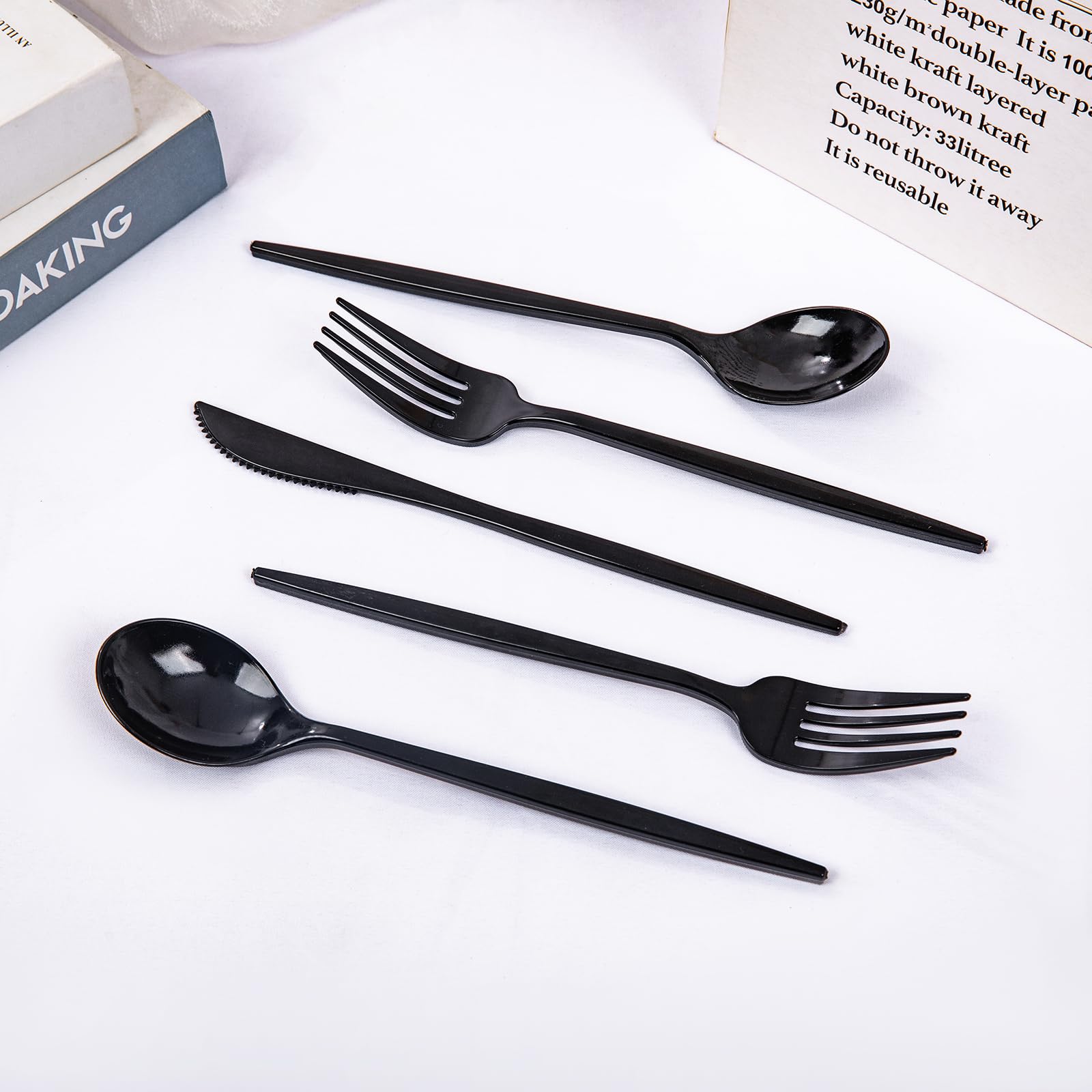 PULOTE 150-Piece Heavy Duty Black Plastic Silverware Set - Disposable Cutlery Kit with 50 Forks, 50 Spoons & 50 Knives - Durable Plastic Utensils for Parties, Weddings, Picnics, BBQ, Catering, Events & Holiday Gatherings - Perfect for Outdoor Dining, Family Reunions & Office Luncheons