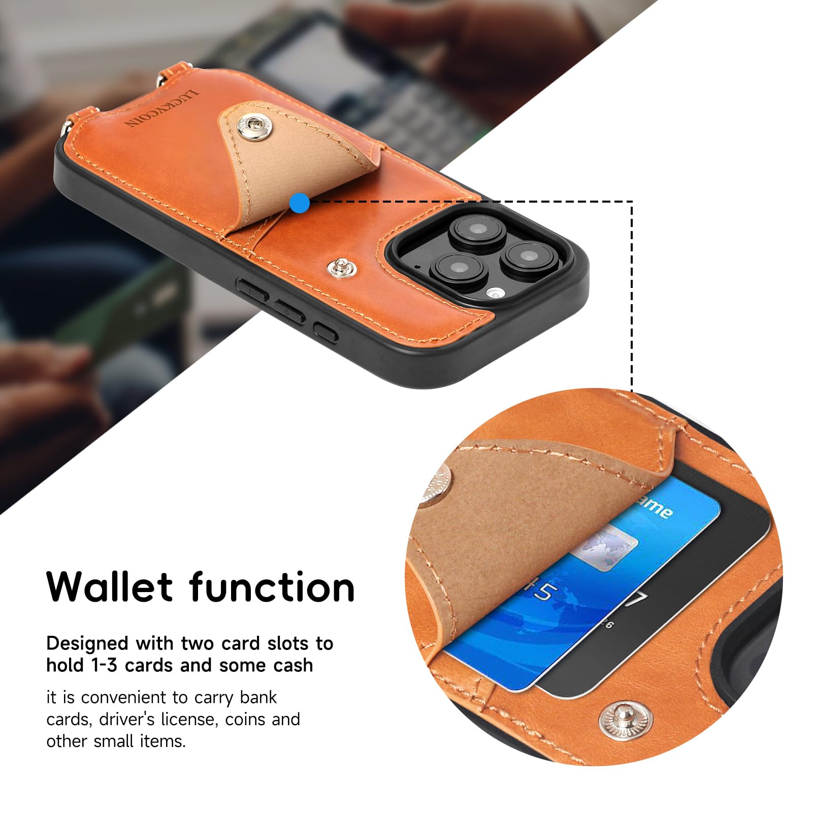 Leather Wallet Case for iPhone 16 Pro - Crossbody Lanyard & Card Holder (Brown) | Perfect for Women's Daily Use