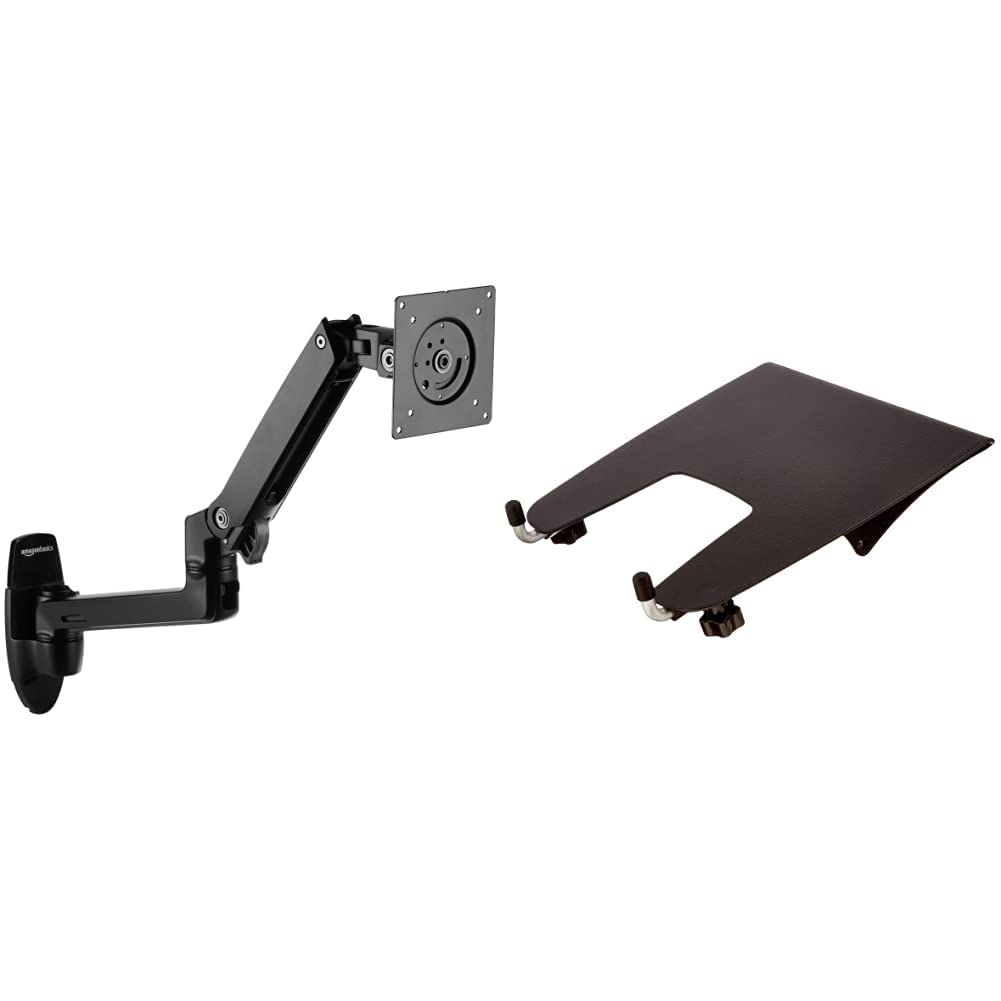 Amazon Basics Premium Aluminum Wall Mount Monitor Stand - Adjustable Lift Engine Arm for Computer & TV, Black | Ergonomic Laptop Tray for Home Office & Gaming Setup