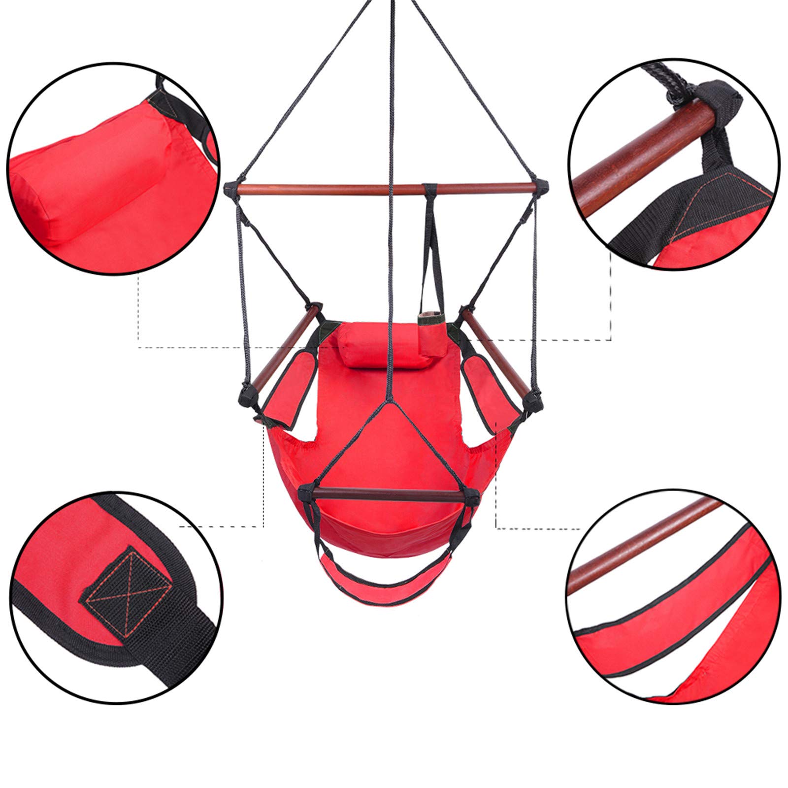 Comfortable & Durable Cotton Canvas Hammock Chair Swing - Indoor/Outdoor Hanging Seat for Bedroom, Patio, Garden, Yard, Deck - Perfect for Relaxing, Reading & Lounging (Red)