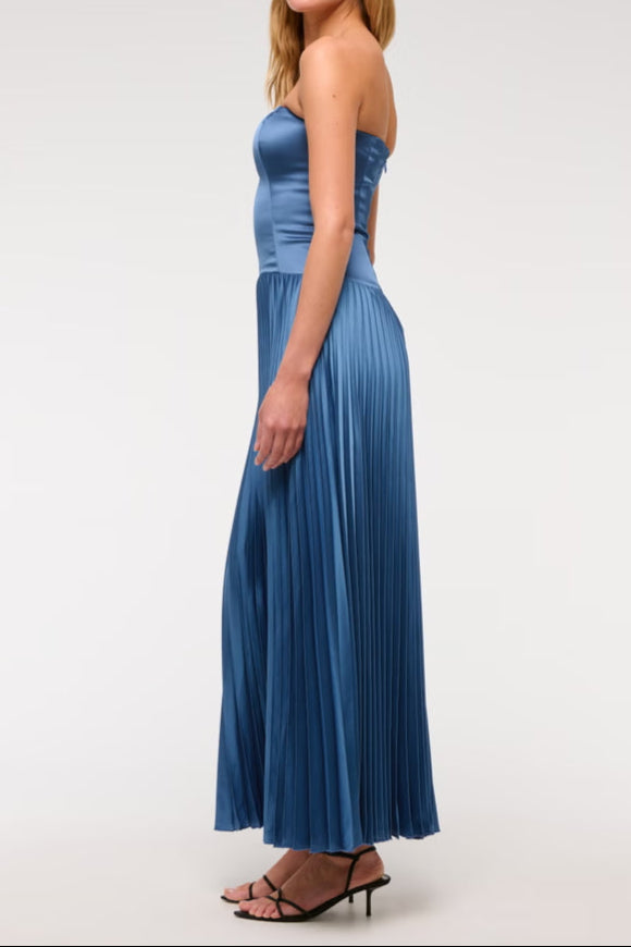 Elegant Blue Giselle Pleated Drop Waist Maxi Dress for Women - Perfect for Weddings, Parties & Summer Vacations