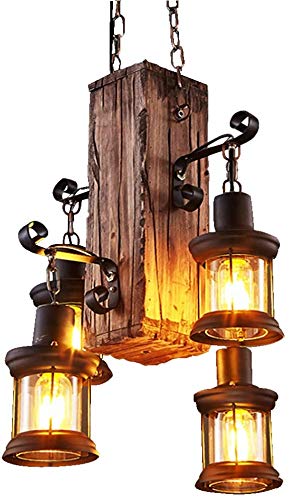 Vintage Industrial Wooden Hanging Pendant Light - Retro Loft Style 4-Light Chandelier for Coffee Shop, Restaurant & Home Decor | Perfect for Cafe, Bar, Dining Room & Kitchen Island Lighting