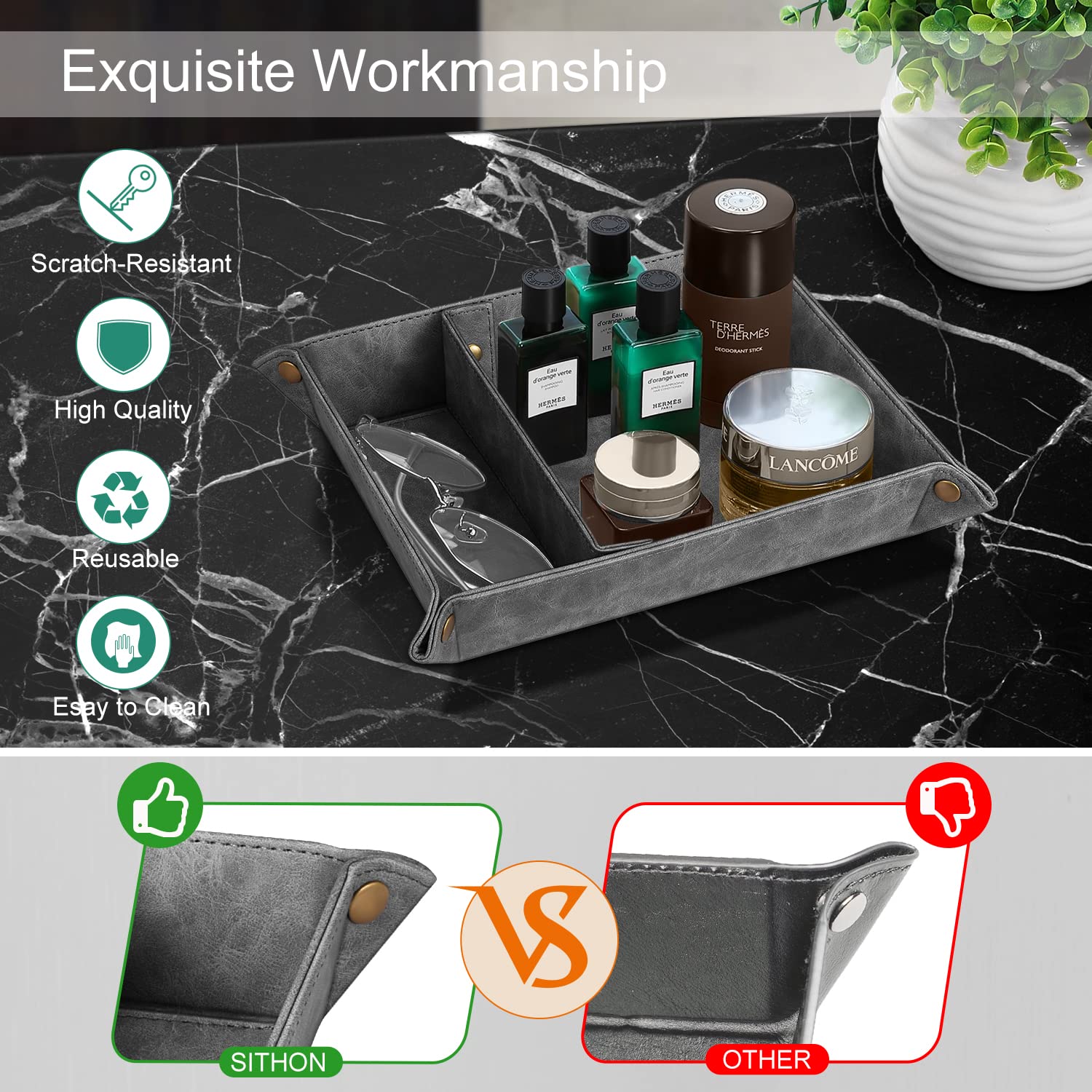 SITHON Valet Tray with Removable 2 Compartments - Desk Organizer, Nightstand Caddy & Vanity Catchall Tray for Jewelry, Keys, Wallet - Perfect for Bedroom, Office & Entryway Storage (Gray)